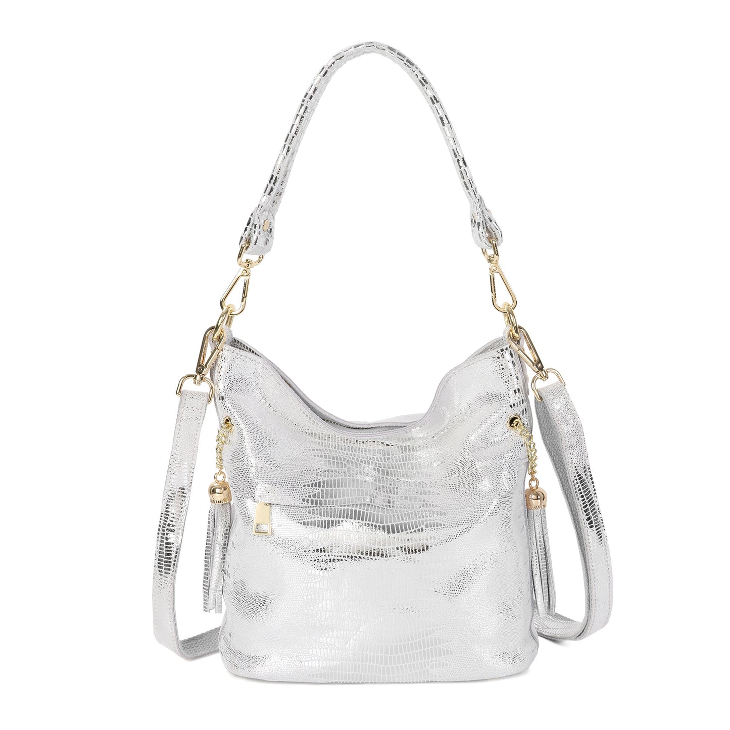 Metallic Croc-Embossed Leather Convertible Shoulder & Crossbody Bag