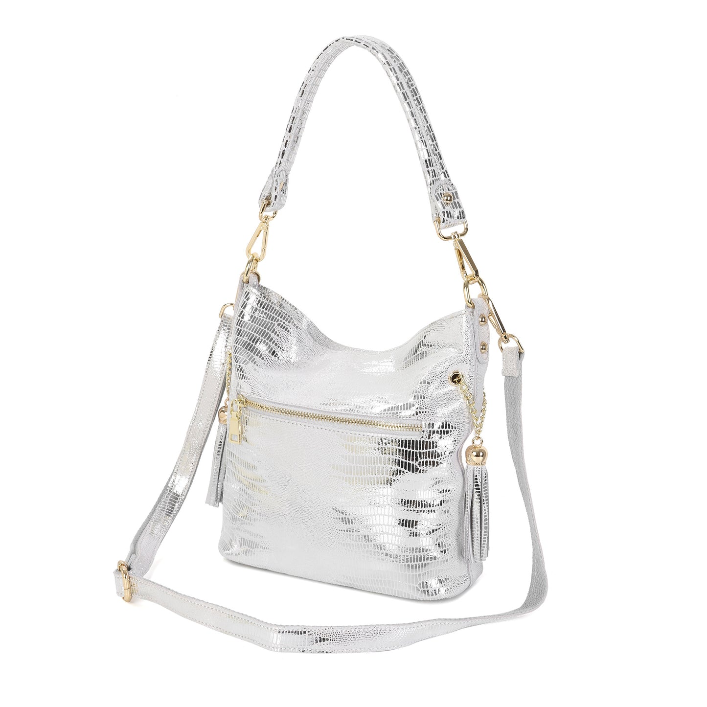 Metallic Croc-Embossed Leather Convertible Shoulder & Crossbody Bag