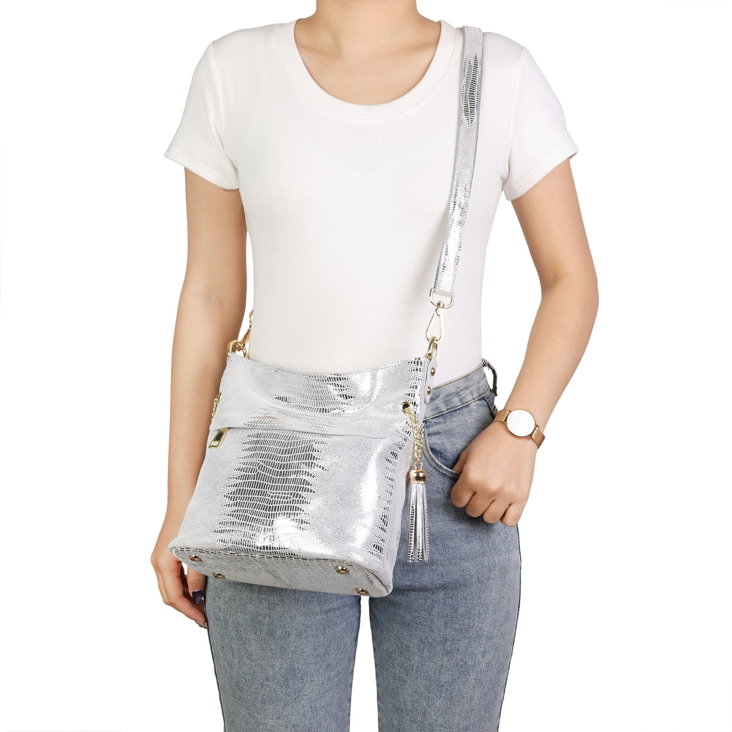 Metallic Croc-Embossed Leather Convertible Shoulder & Crossbody Bag