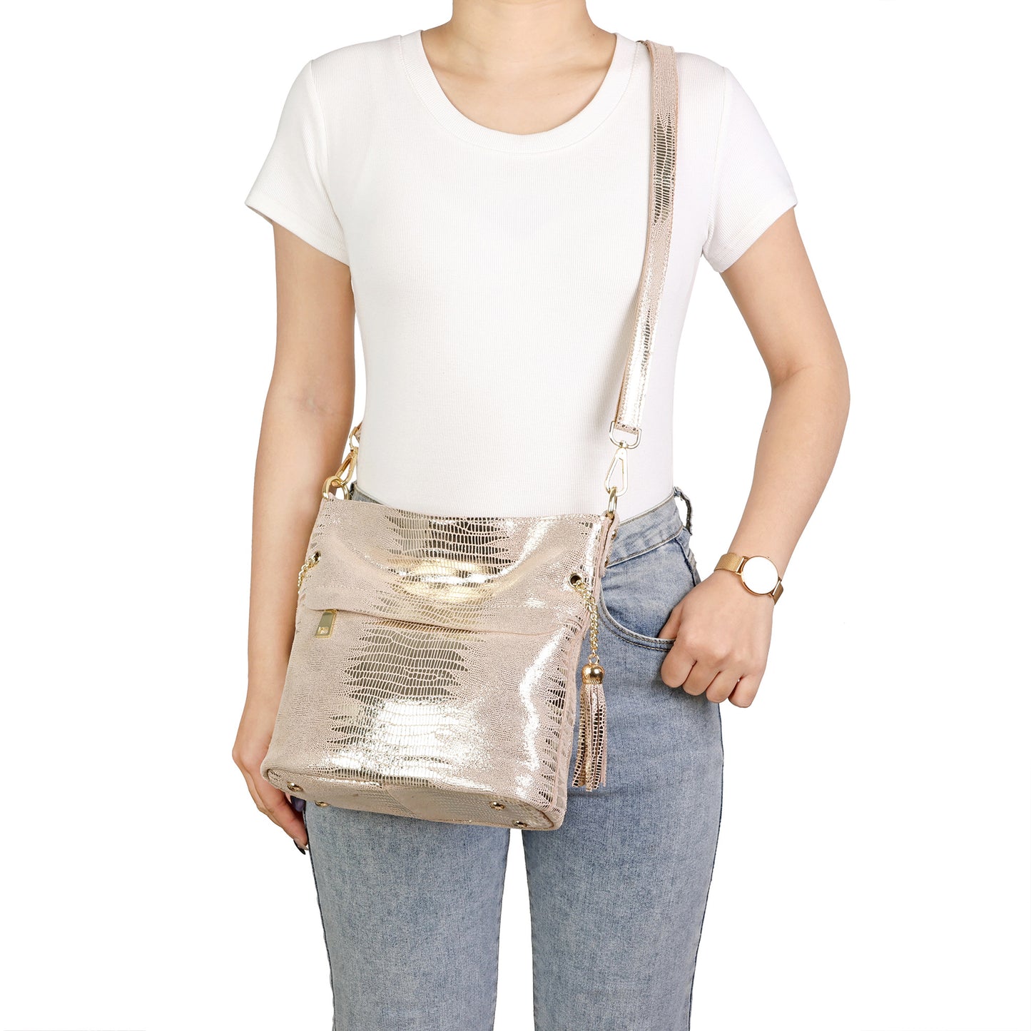 Metallic Croc-Embossed Leather Convertible Shoulder & Crossbody Bag