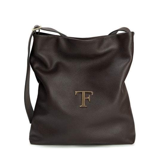 Pebbled Leather Shoulder Tote with TF Logo