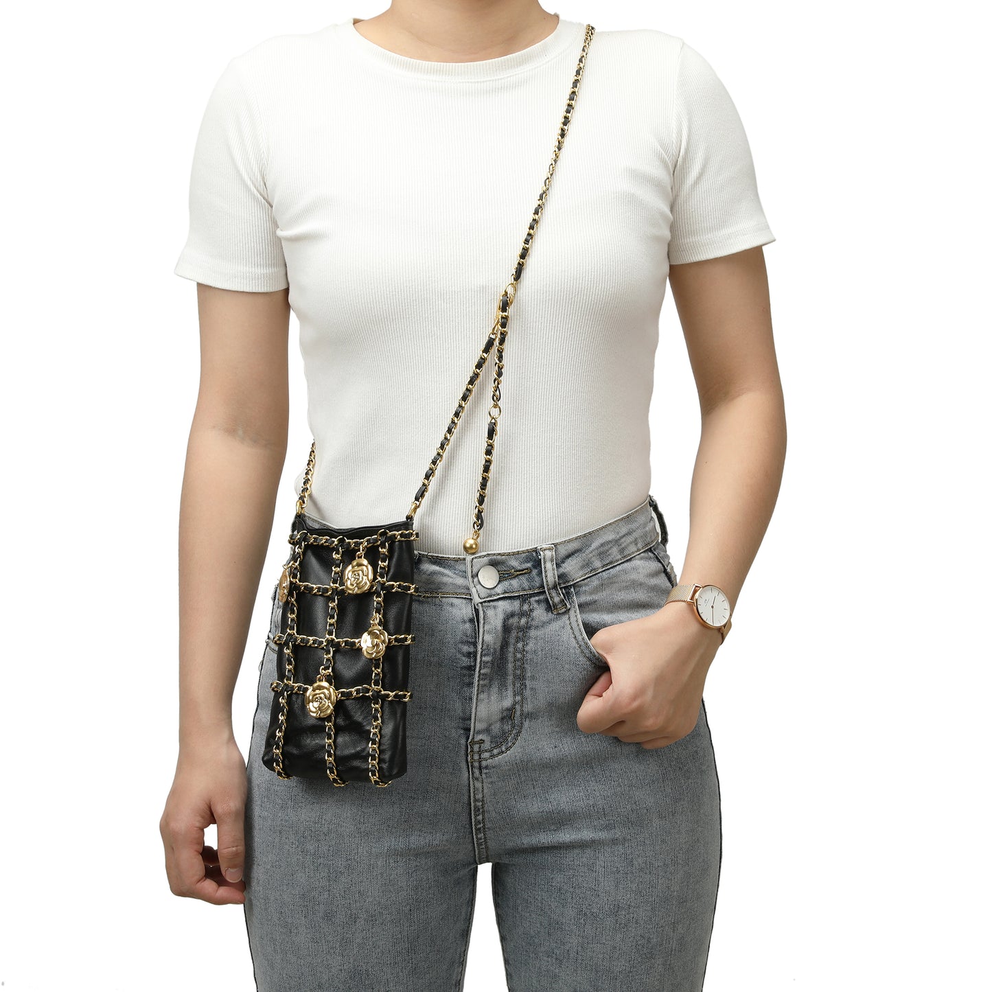 Chain-Embellished Mini Crossbody Bag