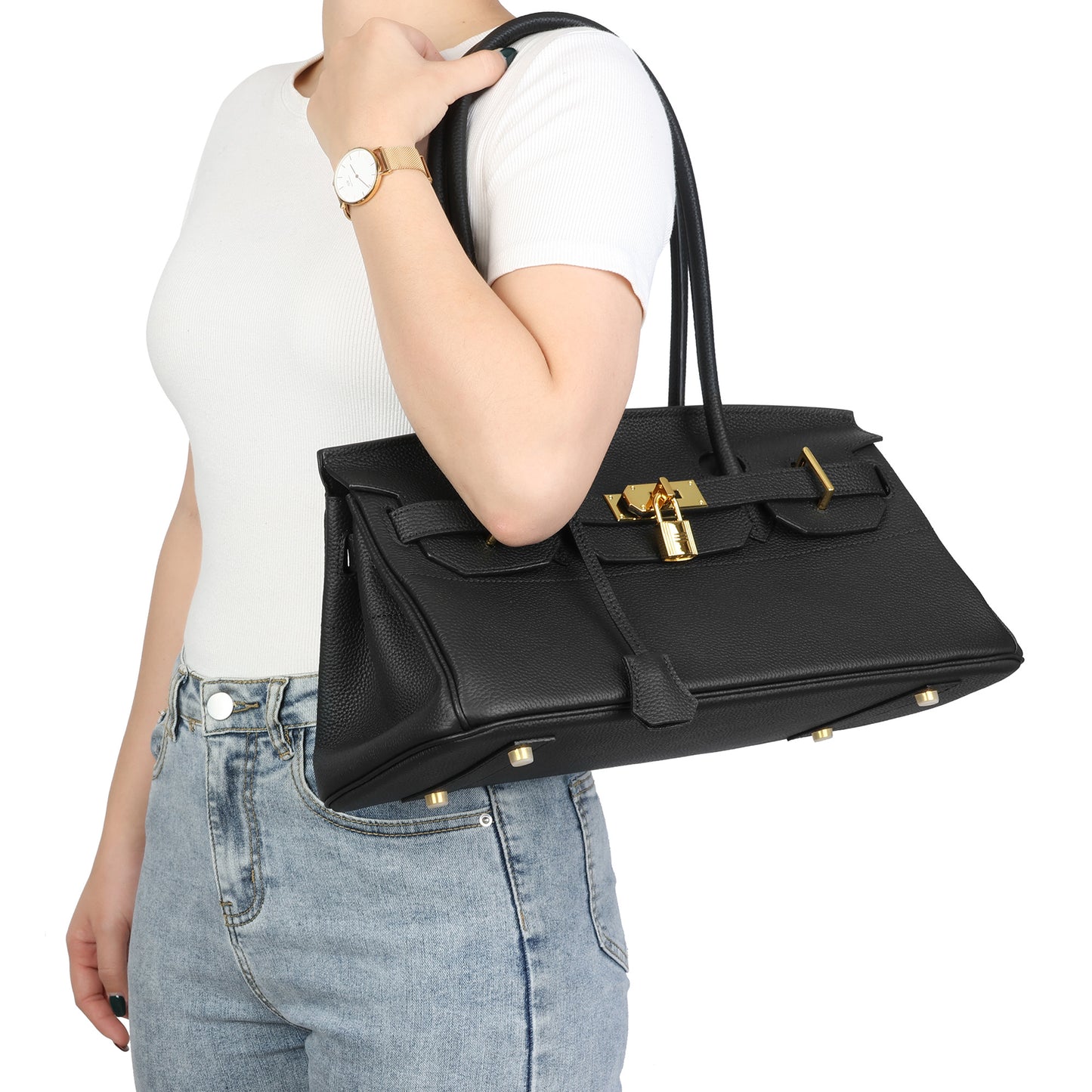 Structured Leather Top-Handle Bag with Lock Detail