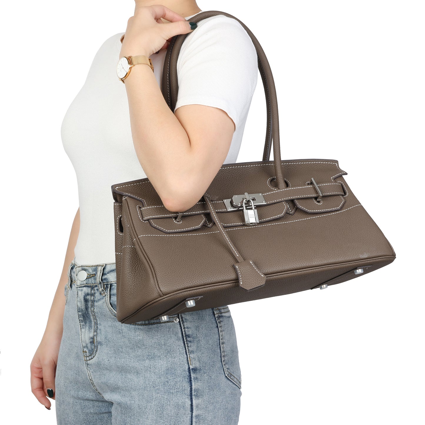 Structured Leather Top-Handle Bag with Lock Detail