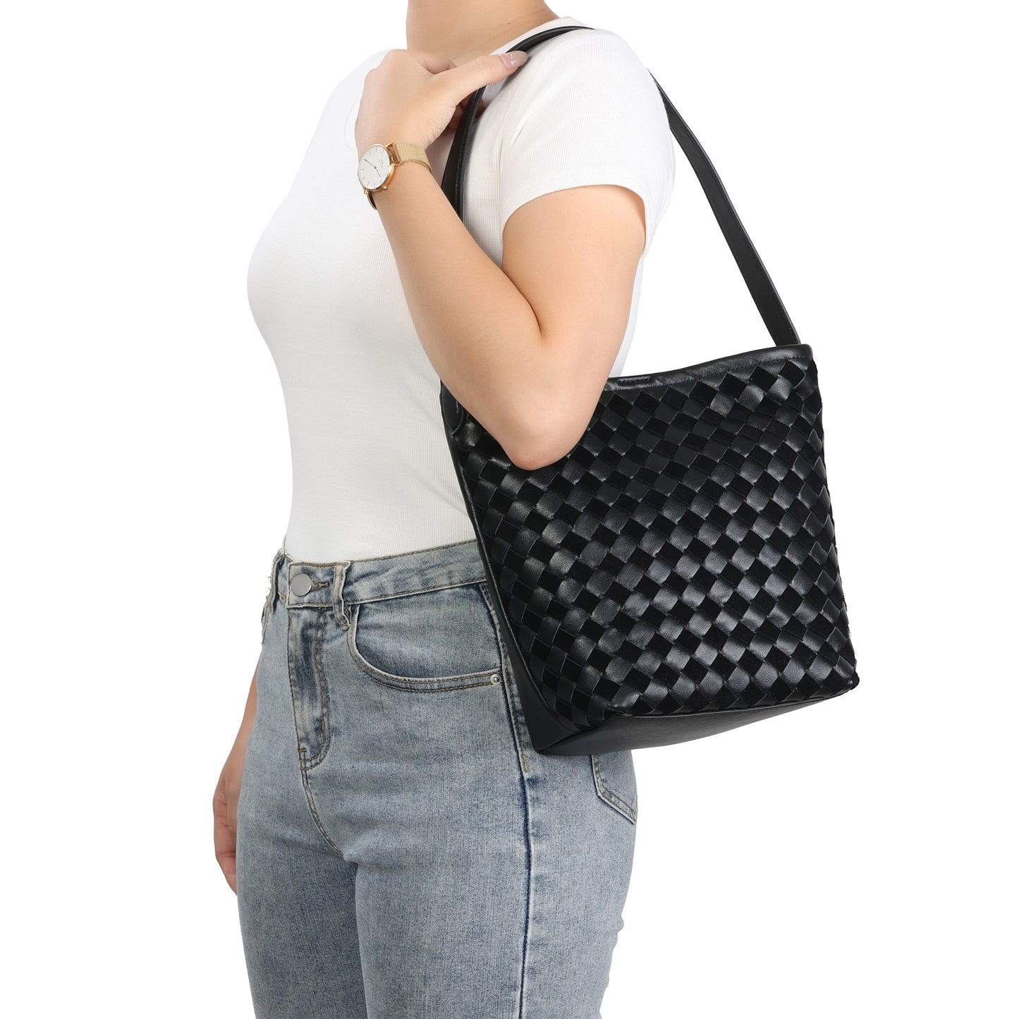 Woven Leather Shoulder Bag with Structured Bucket Silhouette