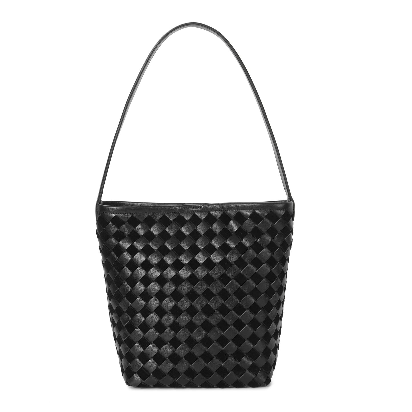 Woven Leather Shoulder Bag with Structured Bucket Silhouette