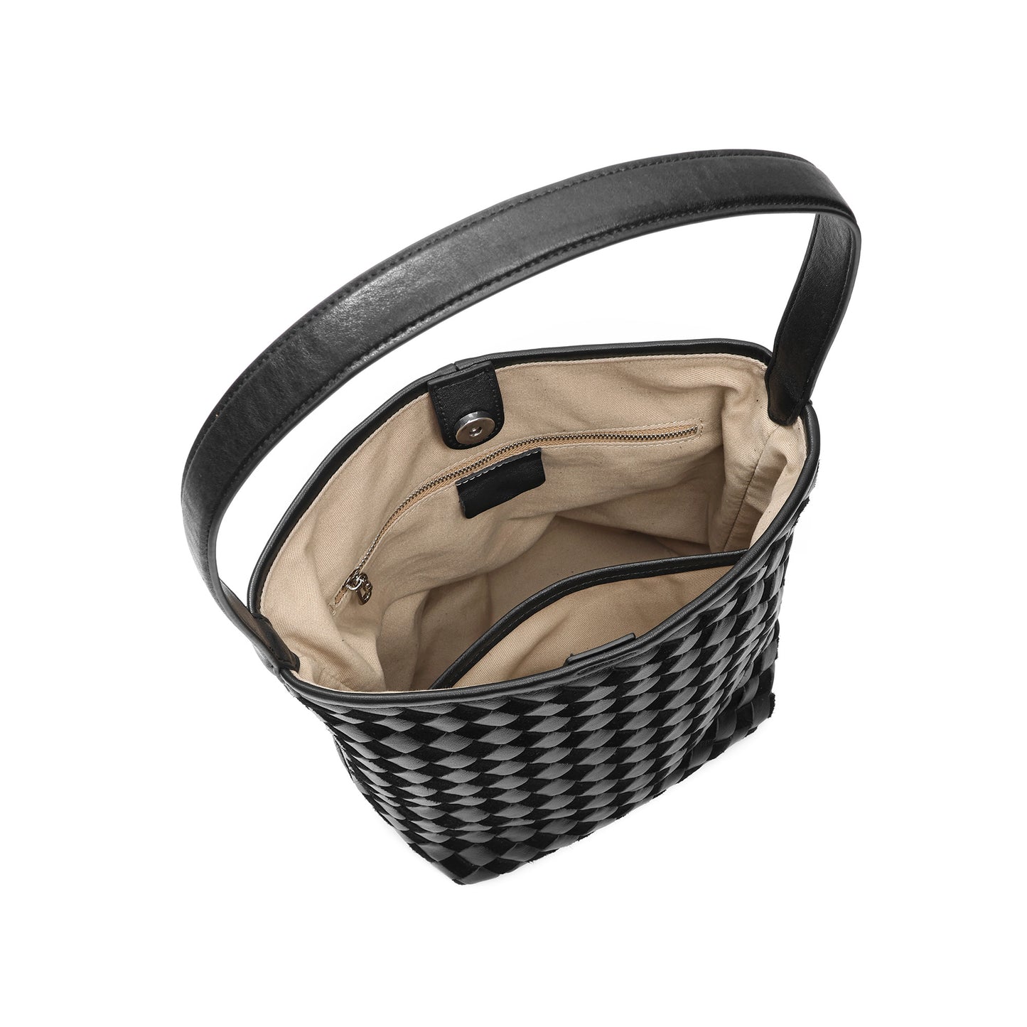 Woven Leather Shoulder Bag with Structured Bucket Silhouette