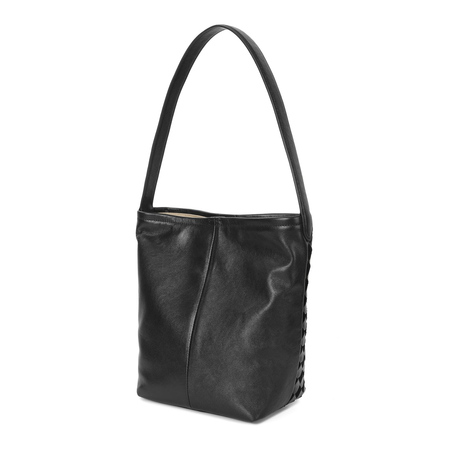 Woven Leather Shoulder Bag with Structured Bucket Silhouette