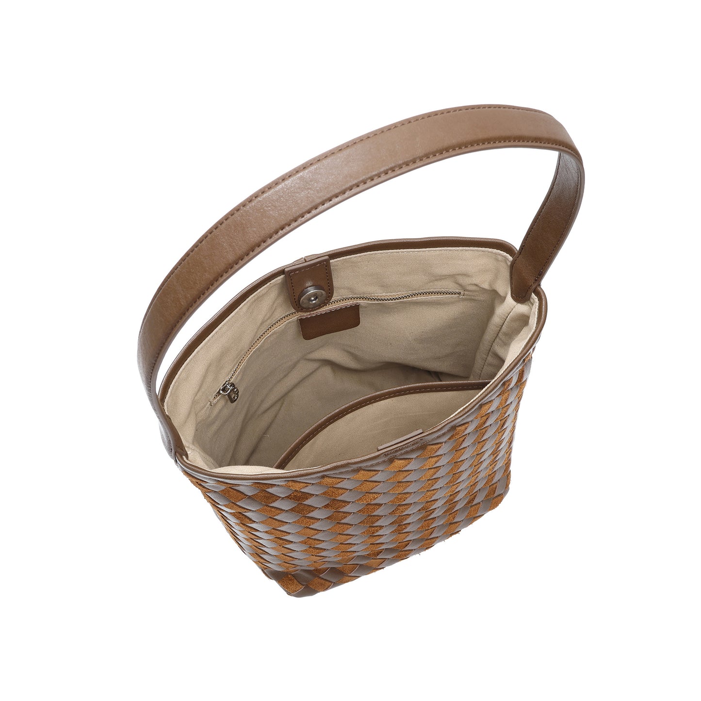 Woven Leather Shoulder Bag with Structured Bucket Silhouette