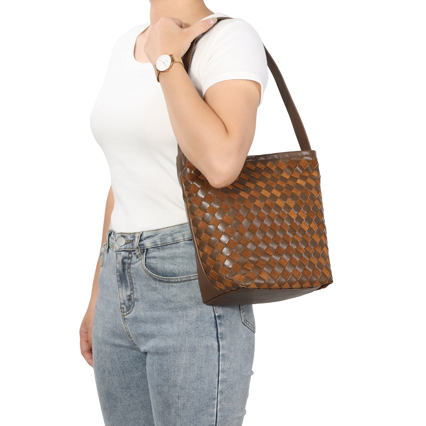 Woven Leather Shoulder Bag with Structured Bucket Silhouette