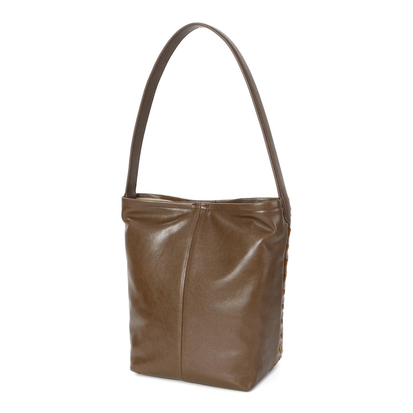 Woven Leather Shoulder Bag with Structured Bucket Silhouette