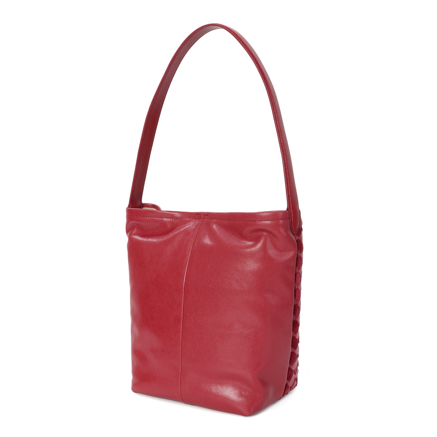 Woven Leather Shoulder Bag with Structured Bucket Silhouette