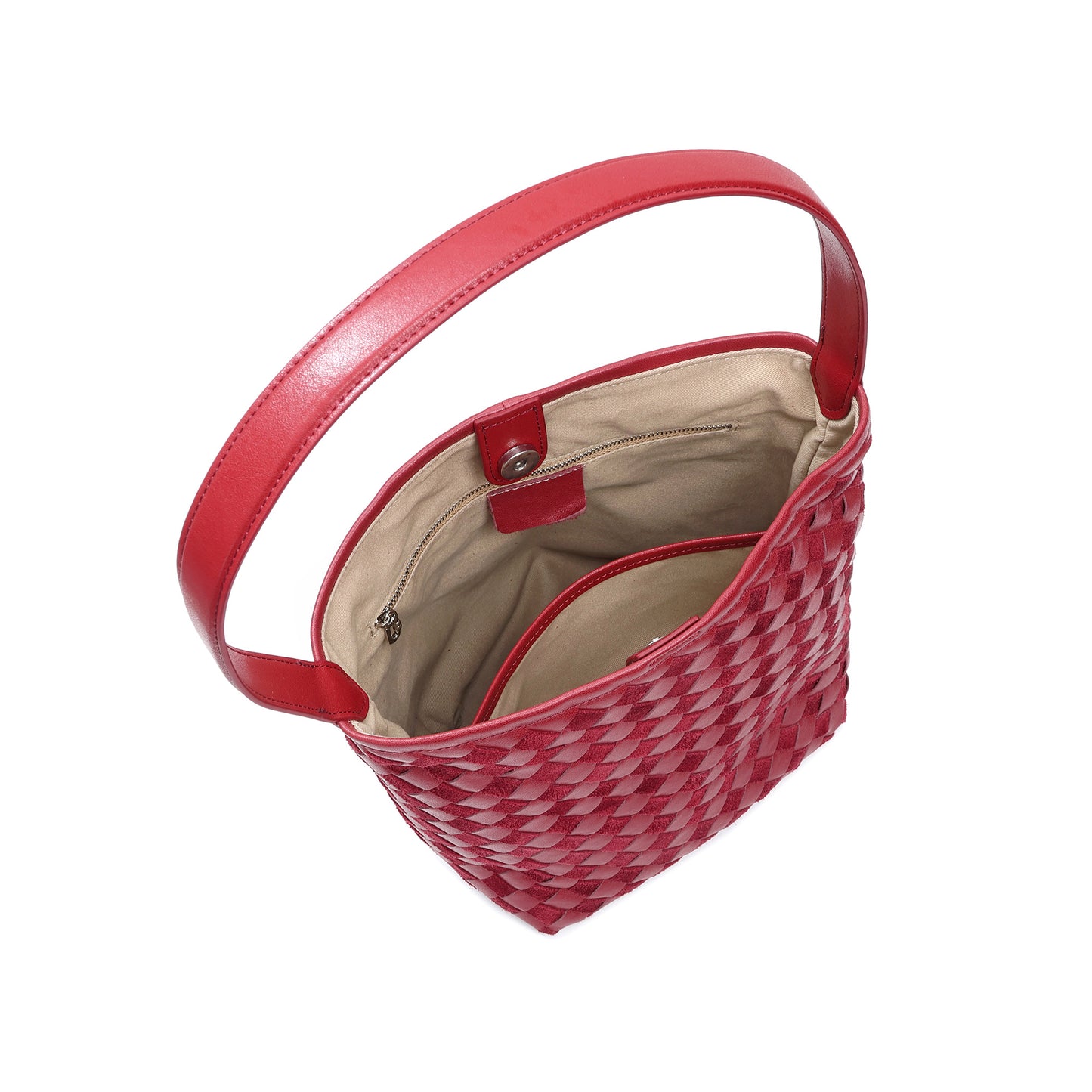 Woven Leather Shoulder Bag with Structured Bucket Silhouette