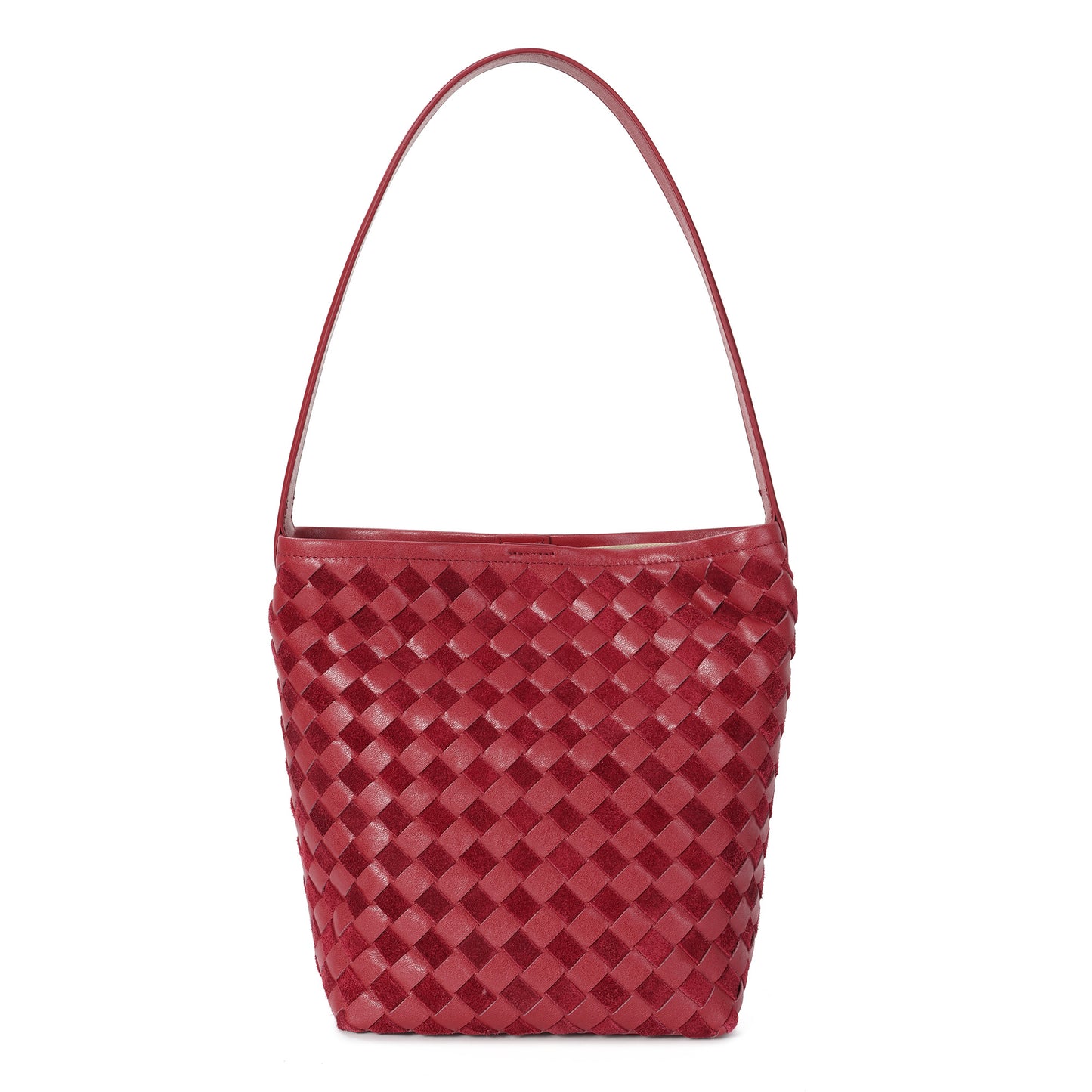 Woven Leather Shoulder Bag with Structured Bucket Silhouette