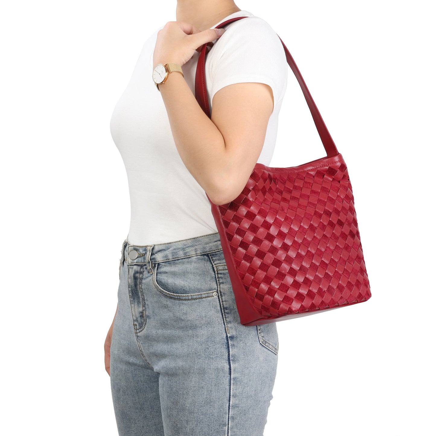 Woven Leather Shoulder Bag with Structured Bucket Silhouette