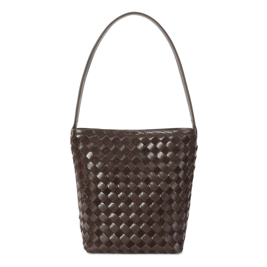 Woven Leather Shoulder Bag with Structured Bucket Silhouette
