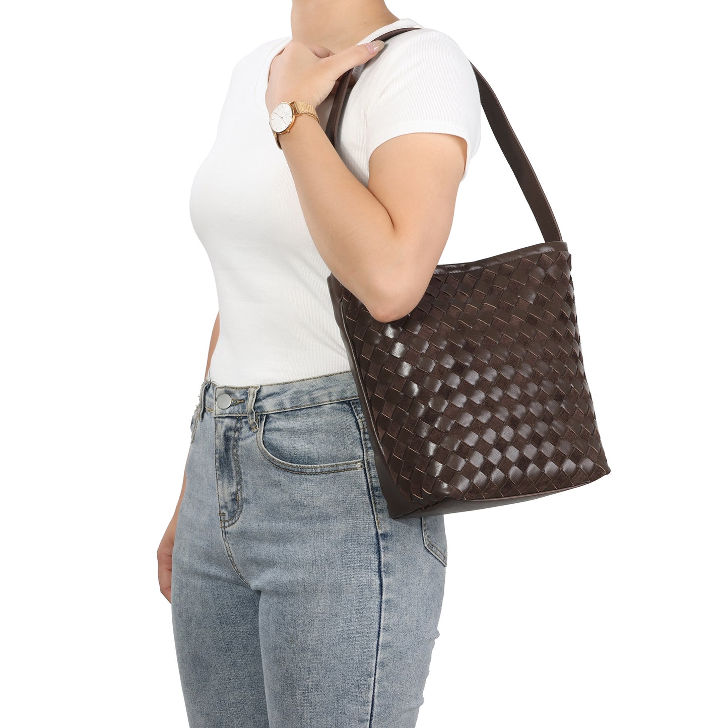Woven Leather Shoulder Bag with Structured Bucket Silhouette