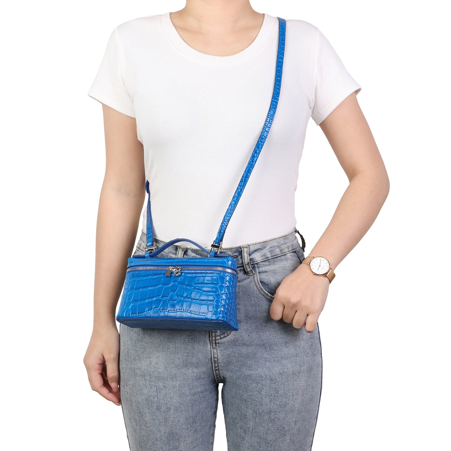 Croc-Embossed Leather Mini Top-Handle Bag with adjustable Strap