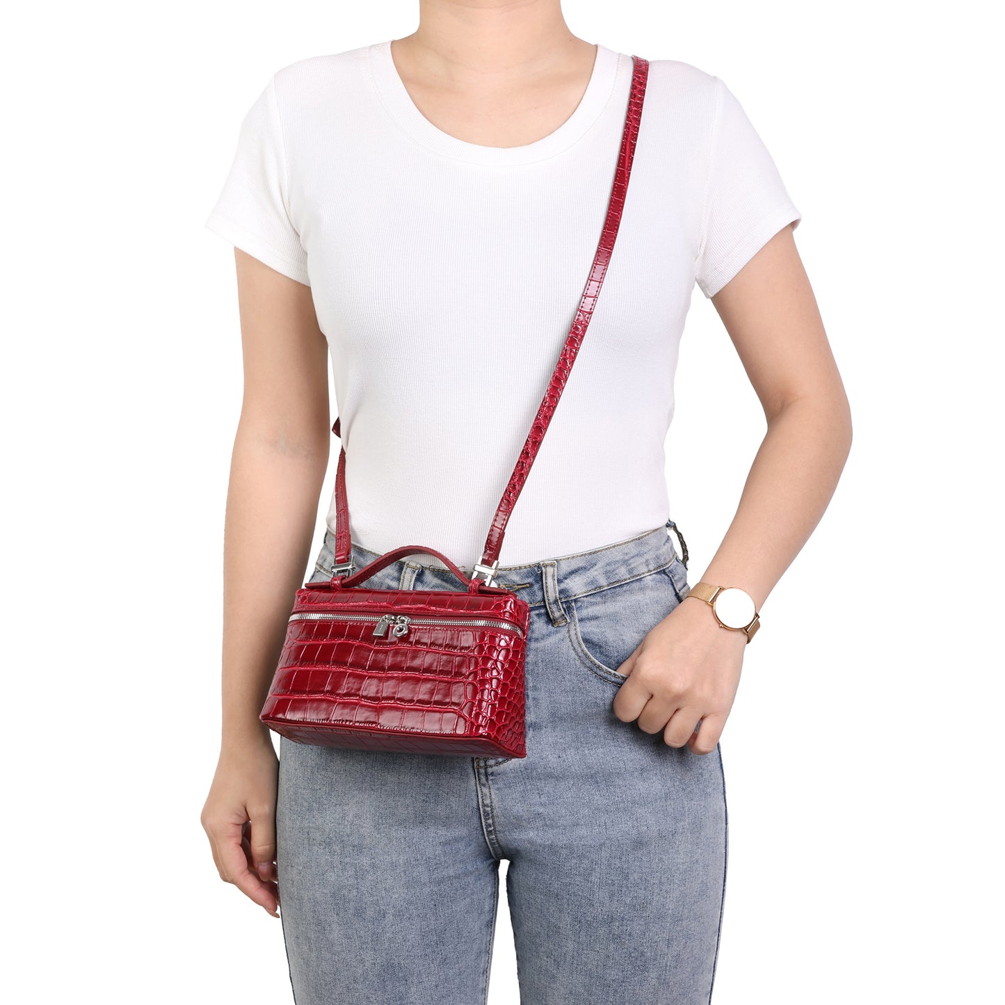 Croc-Embossed Leather Mini Top-Handle Bag with adjustable Strap