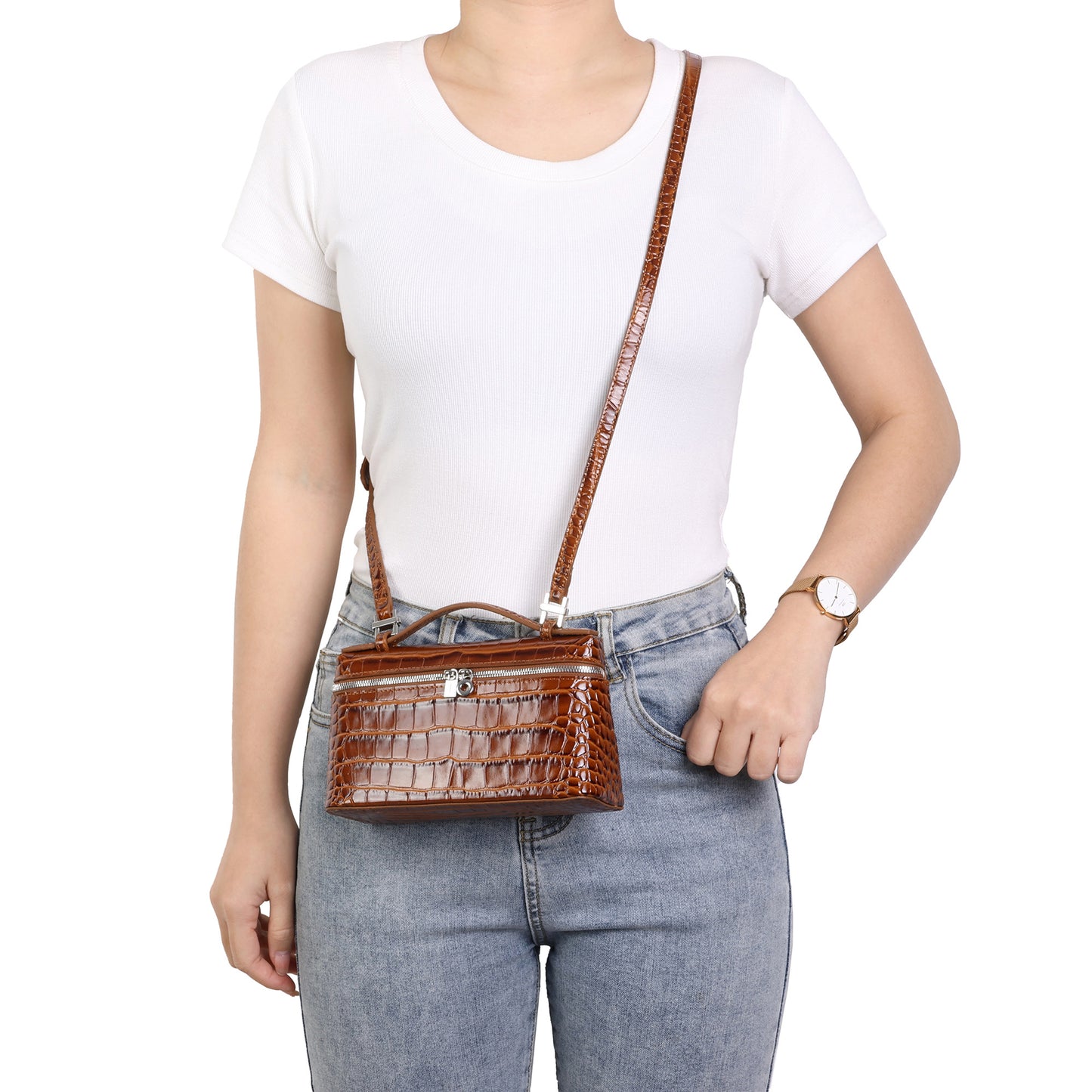 Croc-Embossed Leather Mini Top-Handle Bag with adjustable Strap