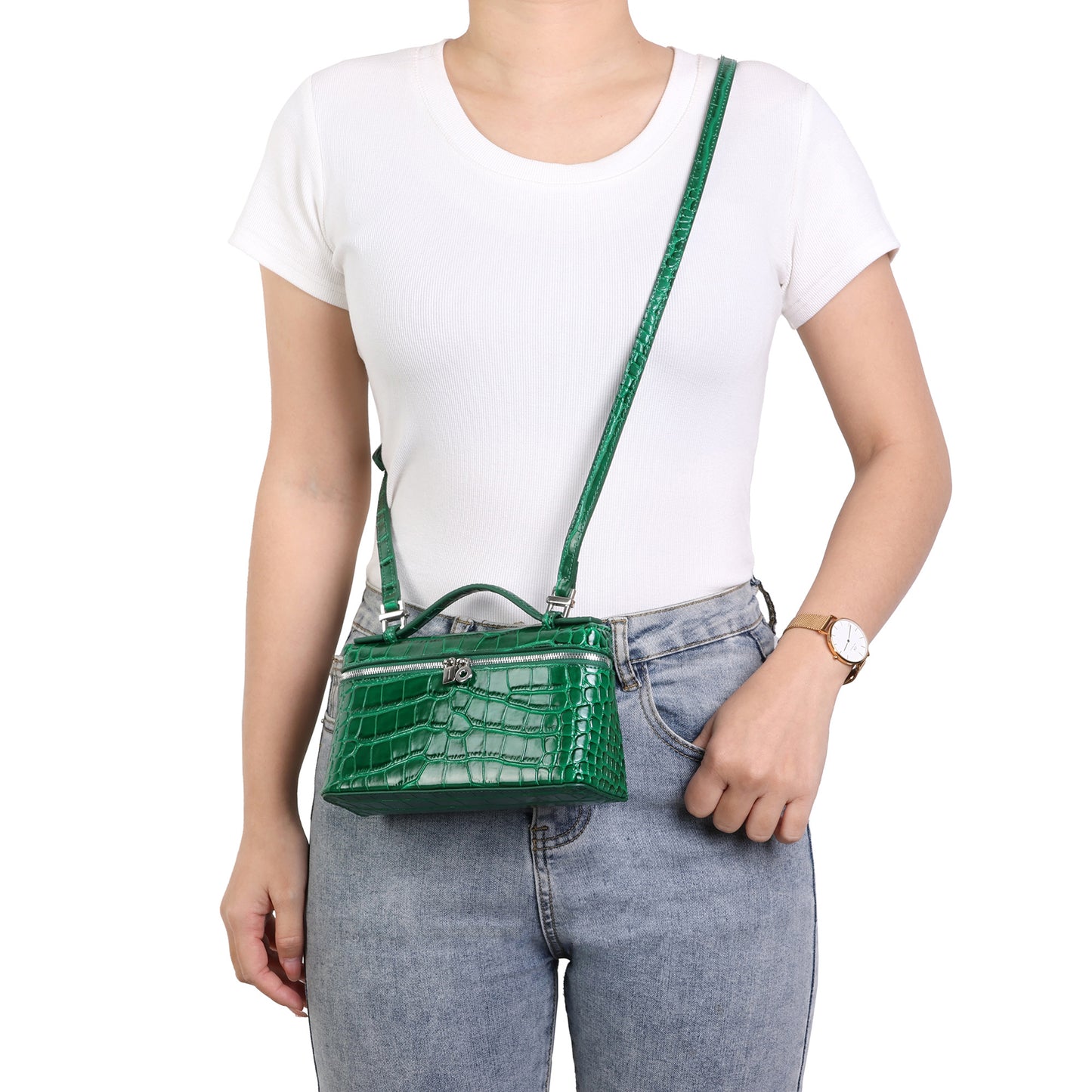 Croc-Embossed Leather Mini Top-Handle Bag with adjustable Strap