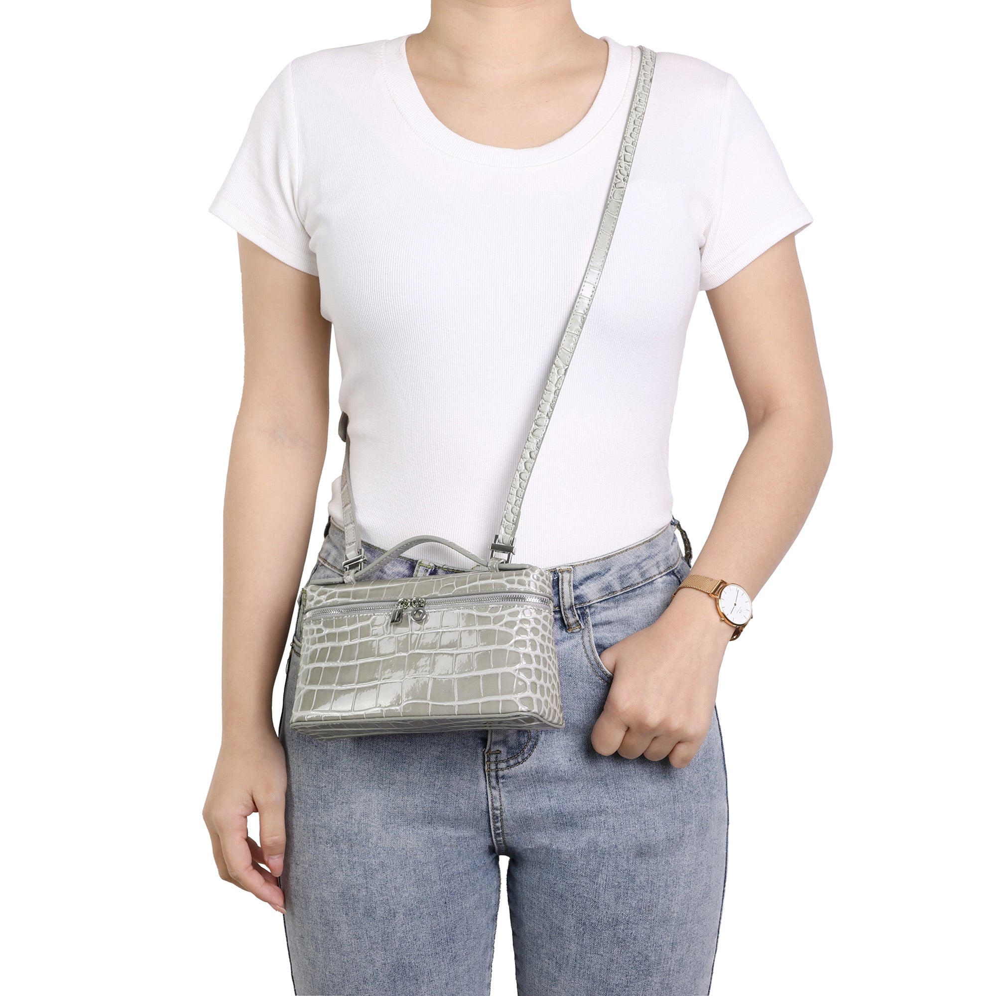 Croc-Embossed Leather Mini Top-Handle Bag with adjustable Strap