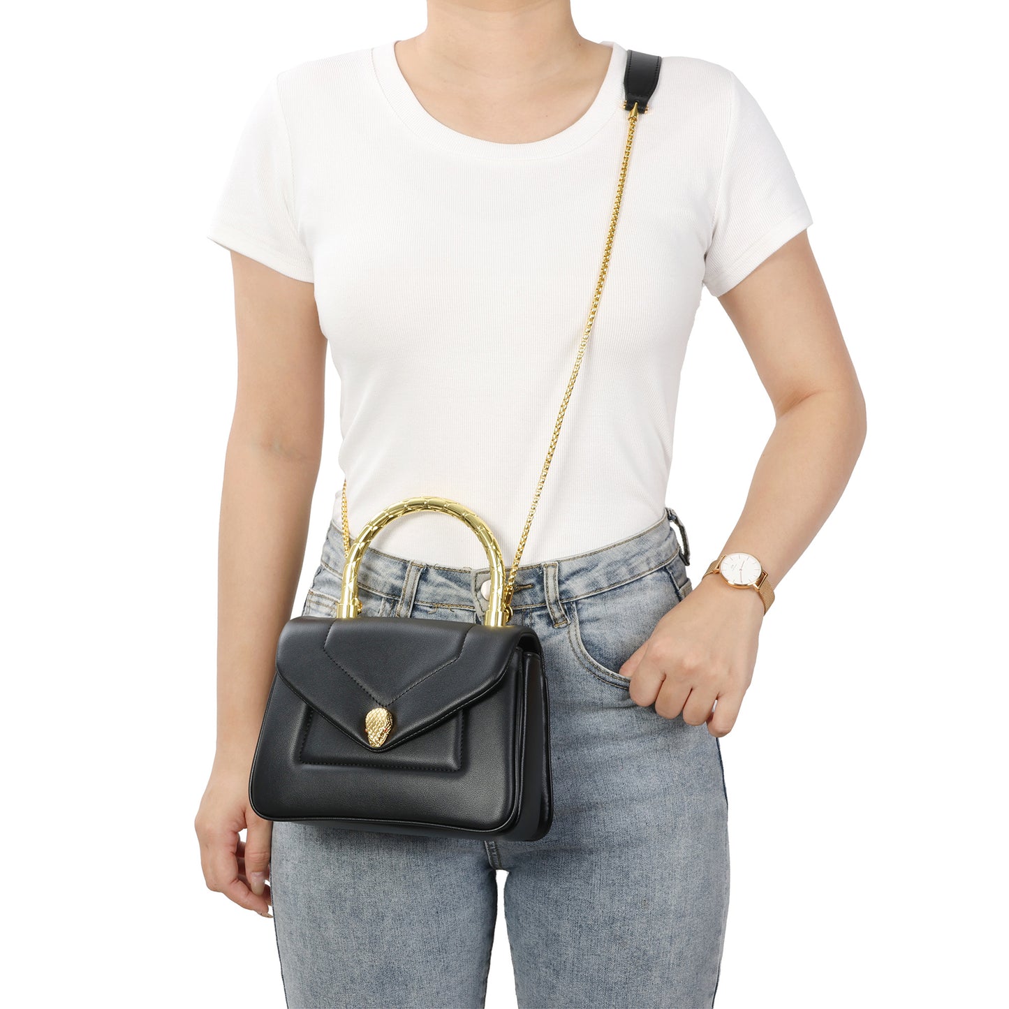Smooth Leather Top Handle Bag with Gold Bamboo Handle