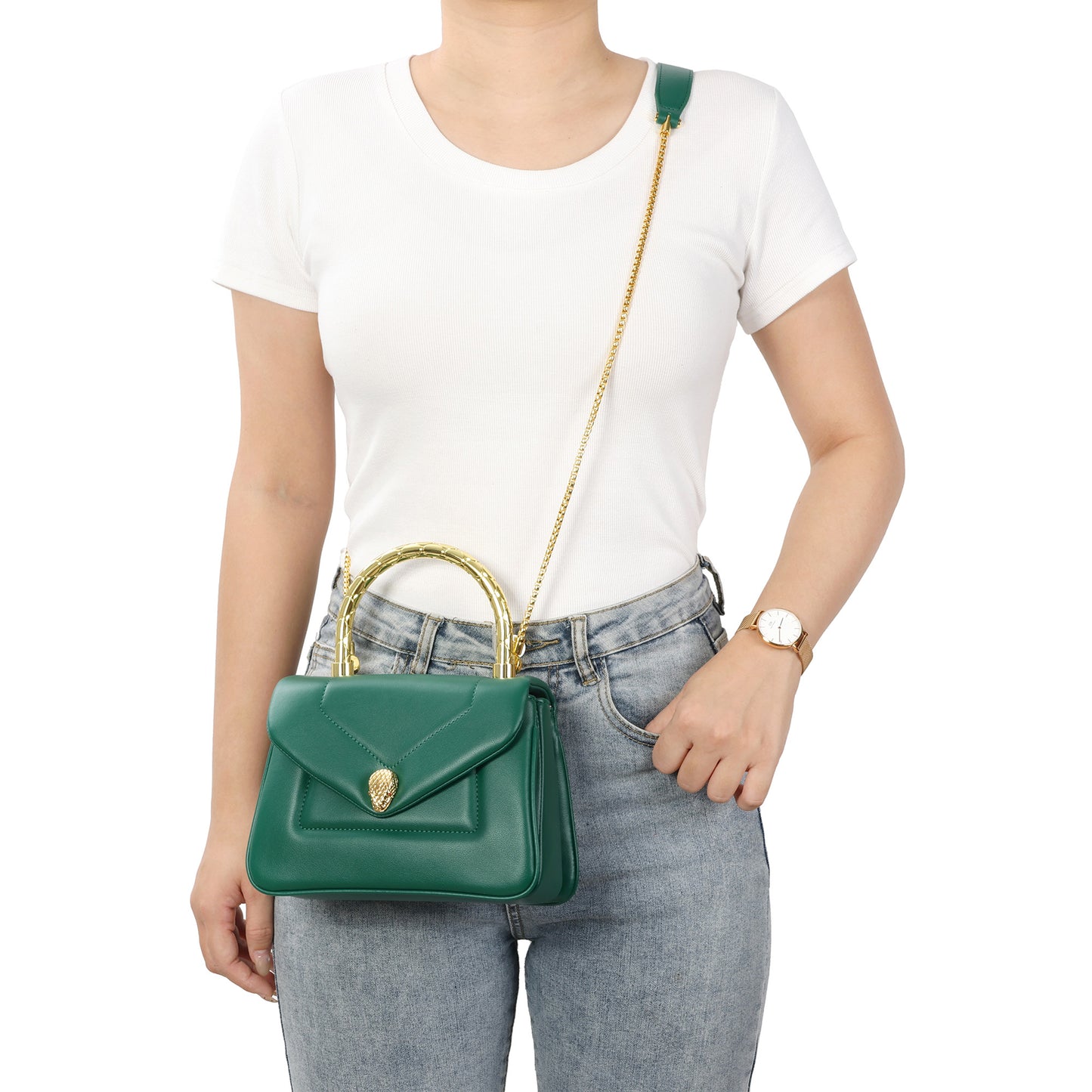 Smooth Leather Top Handle Bag with Gold Bamboo Handle
