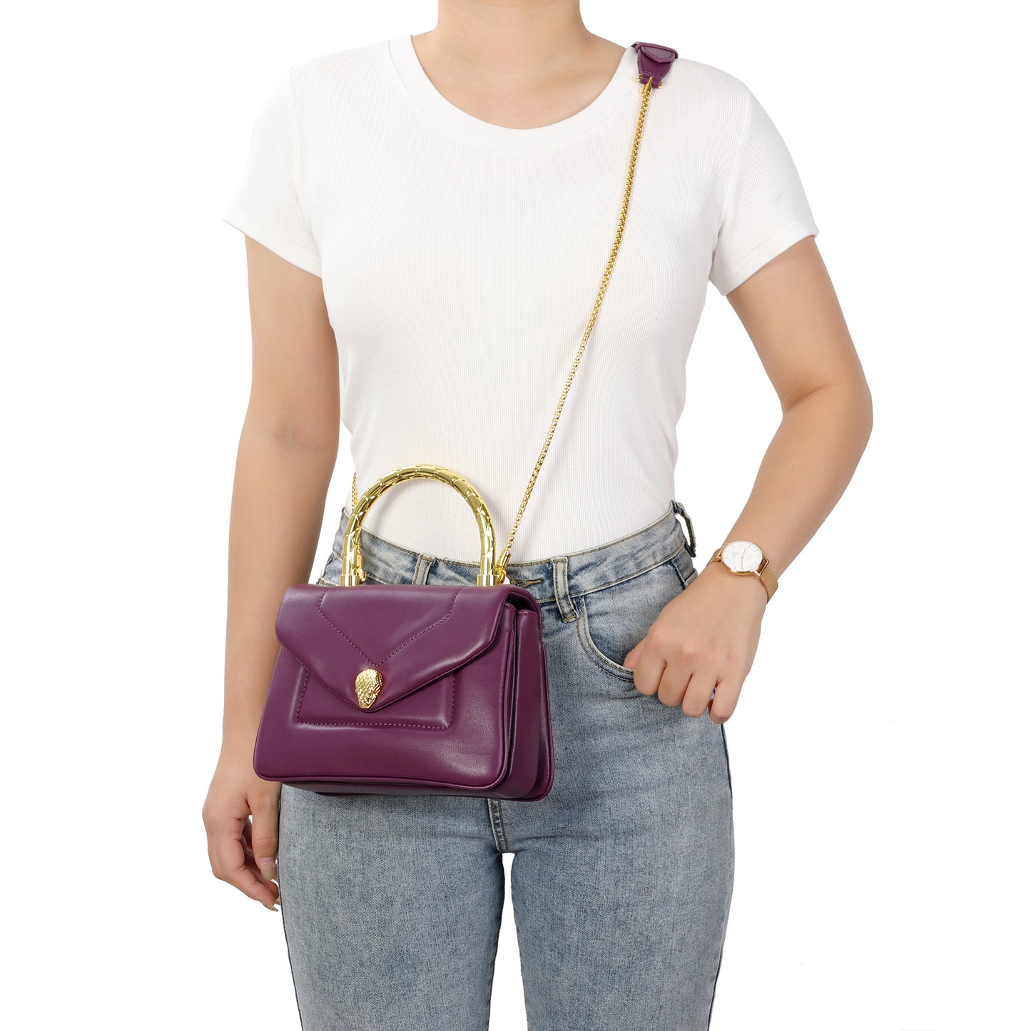 Smooth Leather Top Handle Bag with Gold Bamboo Handle