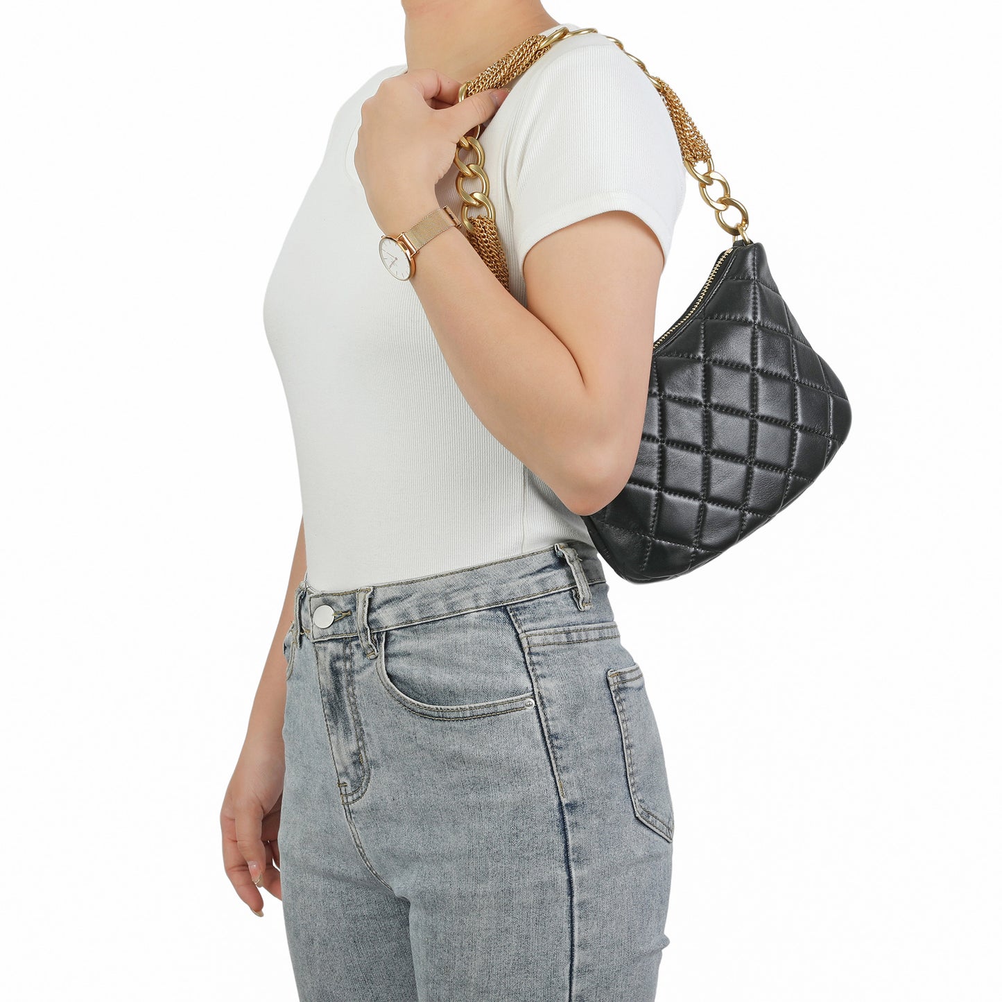 Quilted Leather Shoulder Bag with Chain Strap