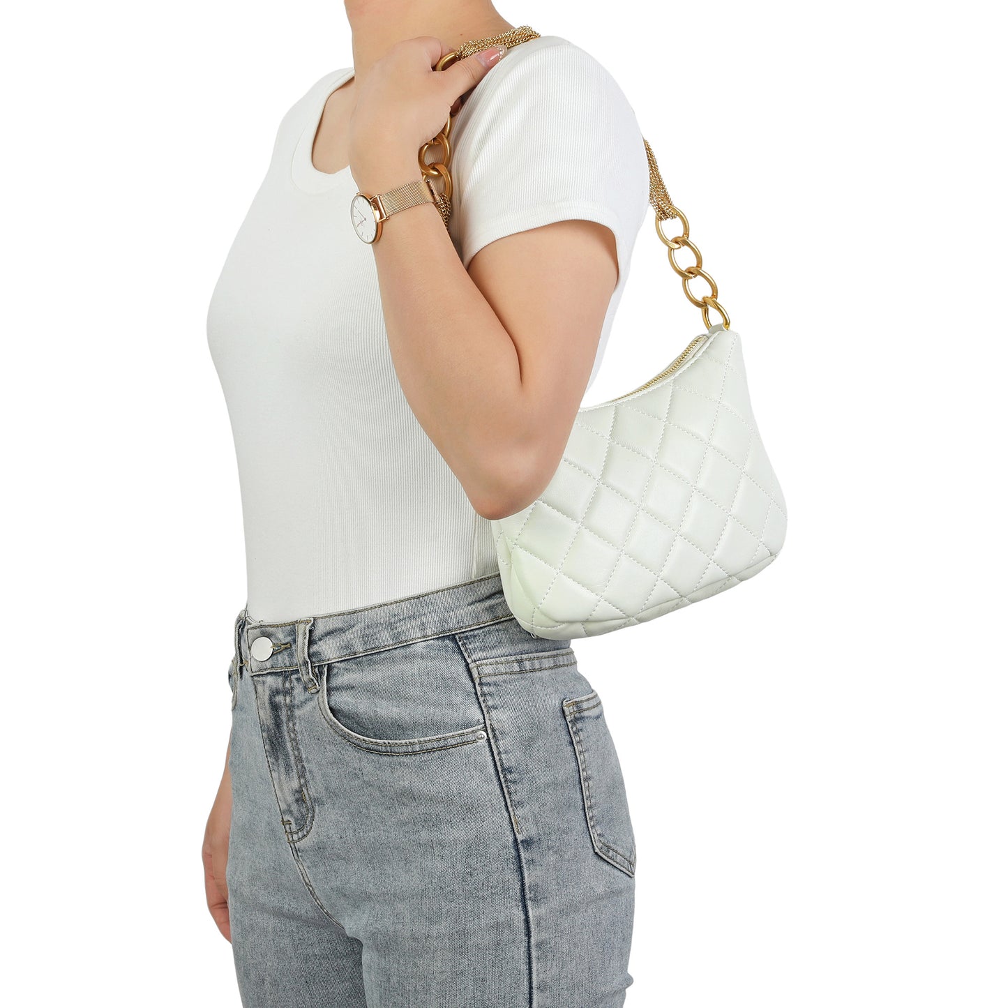 Quilted Leather Shoulder Bag with Chain Strap