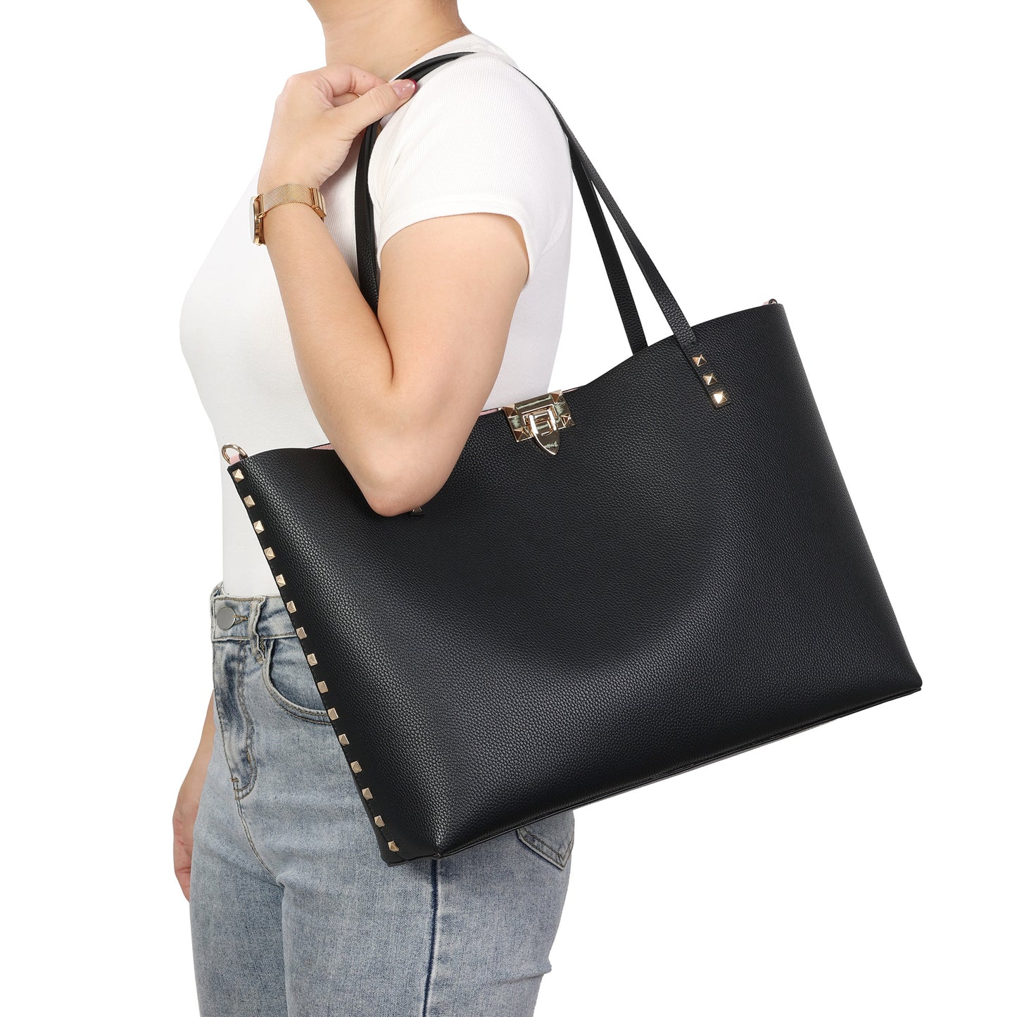 Smooth Leather Studded Tote with Detachable Crossbody Strap