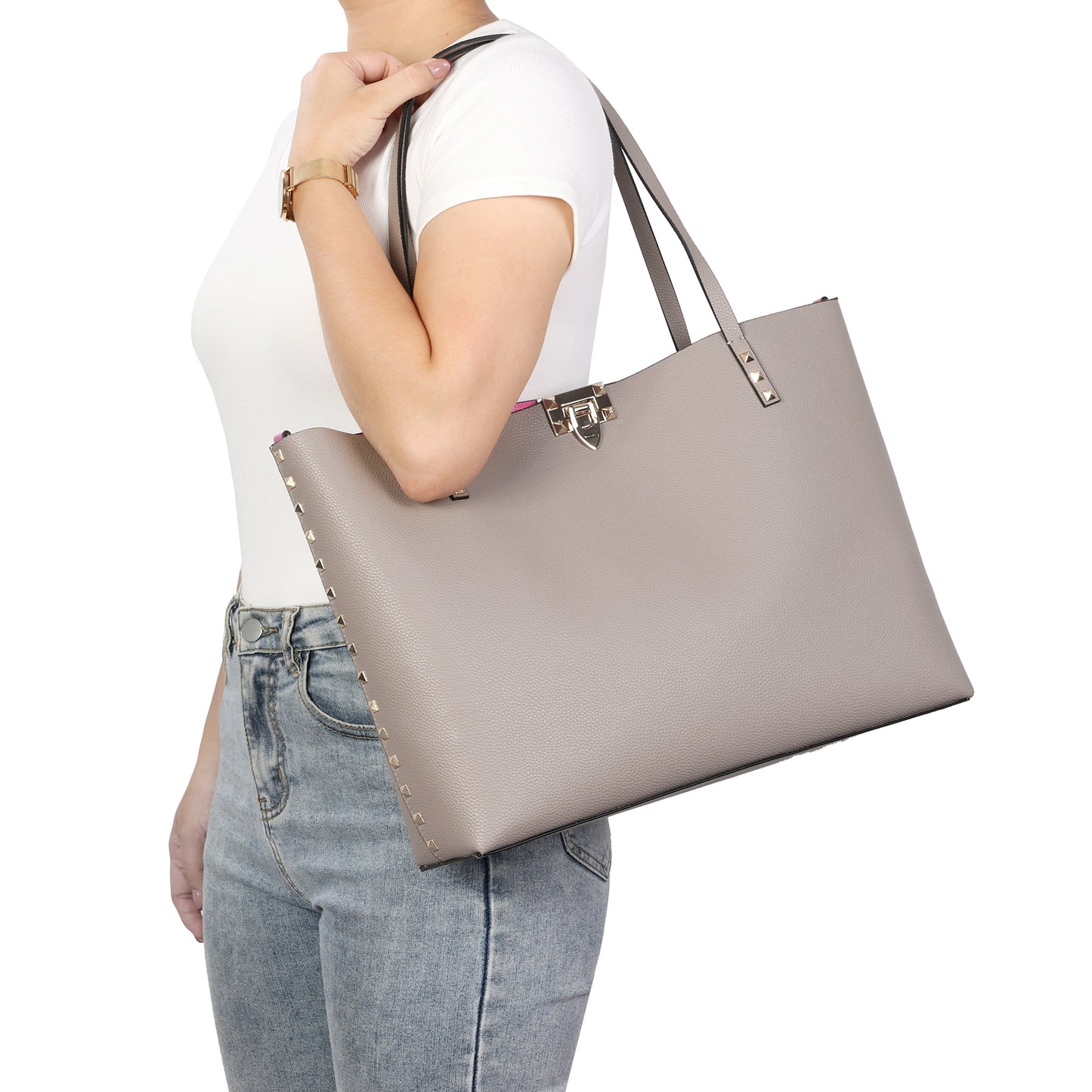 Smooth Leather Studded Tote with Detachable Crossbody Strap