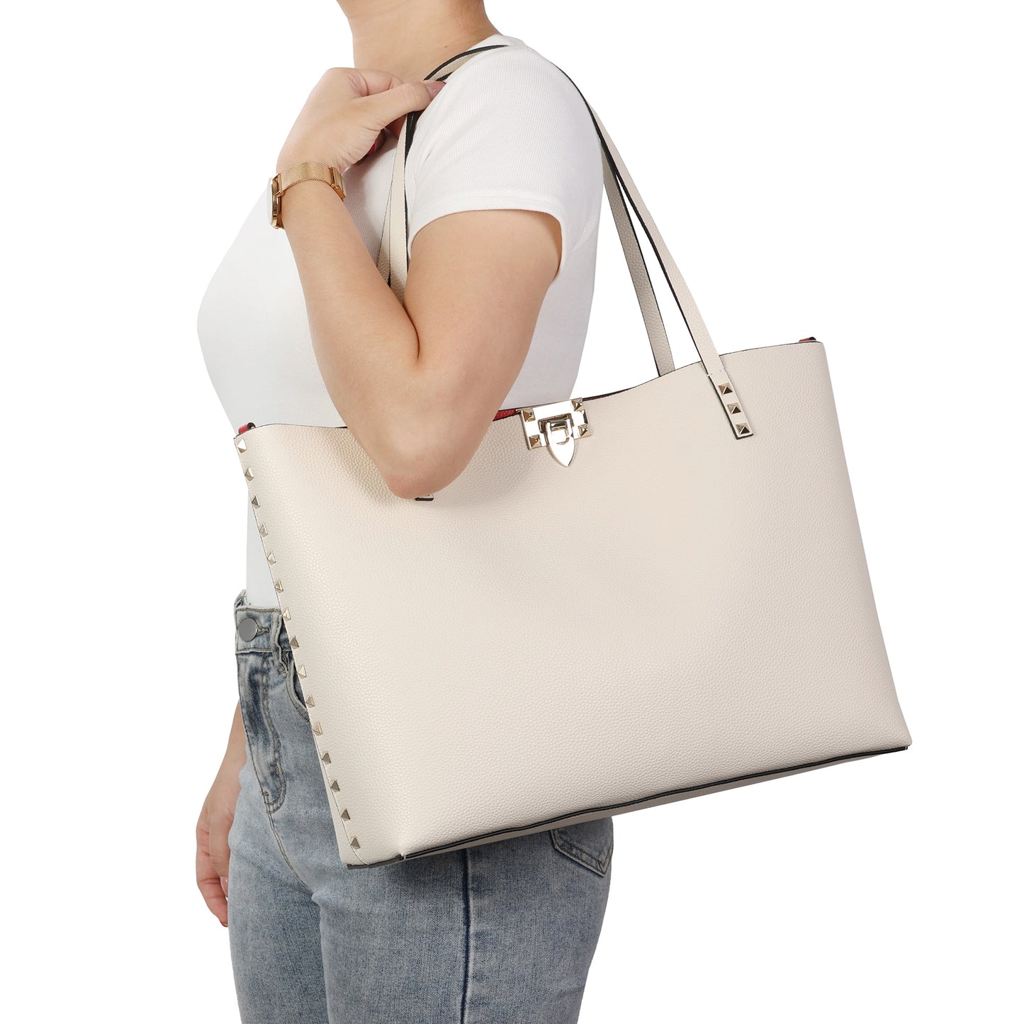 Smooth Leather Studded Tote with Detachable Crossbody Strap