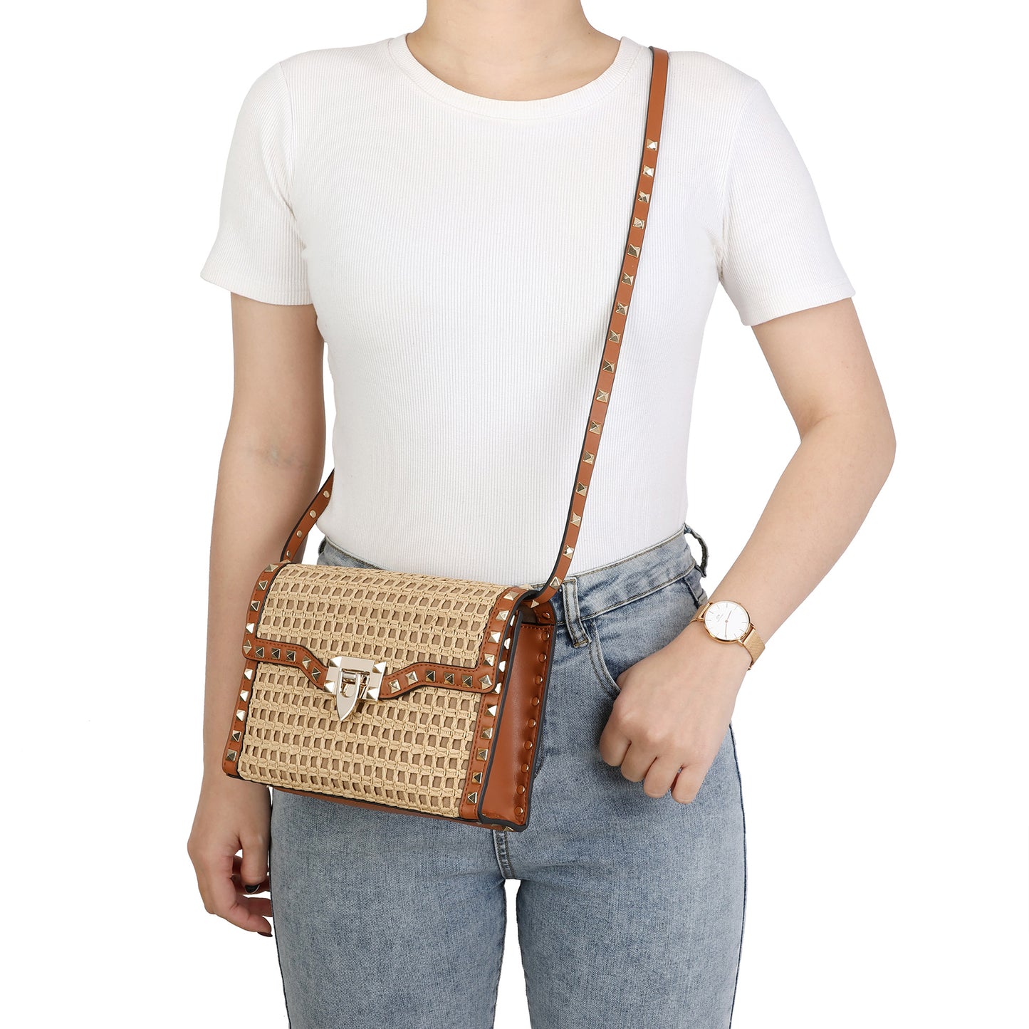 Luxe Studded Woven Crossbody Bag