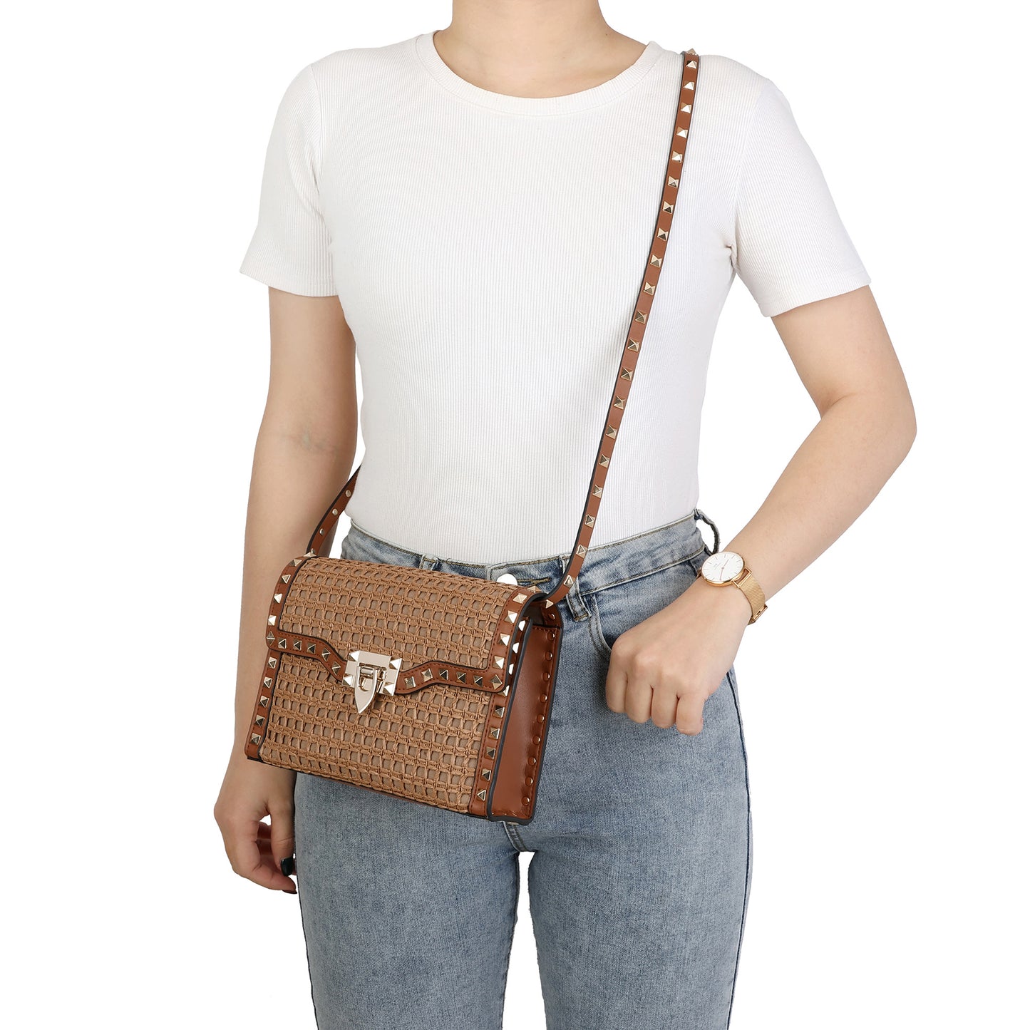 Luxe Studded Woven Crossbody Bag