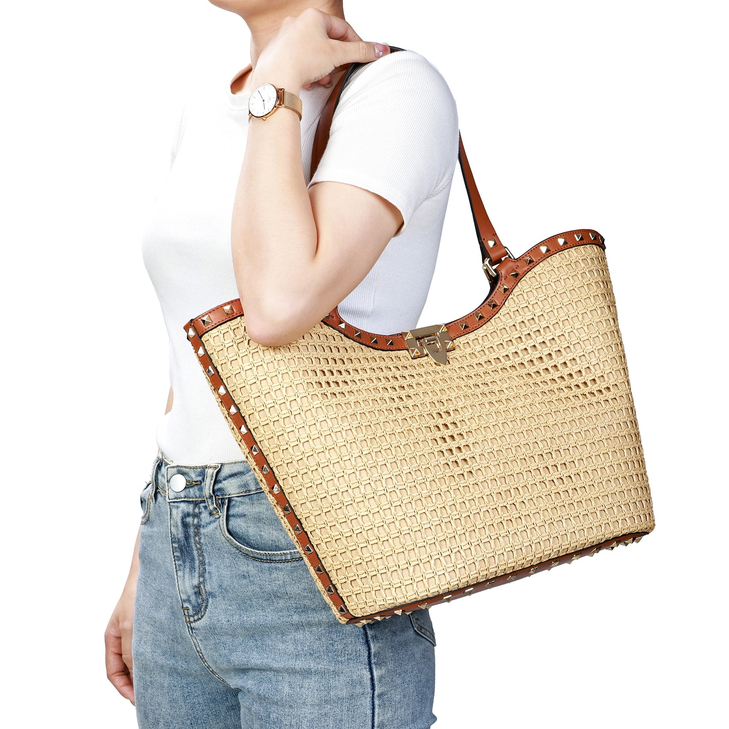 Raffia & Leather Large Tote Bag