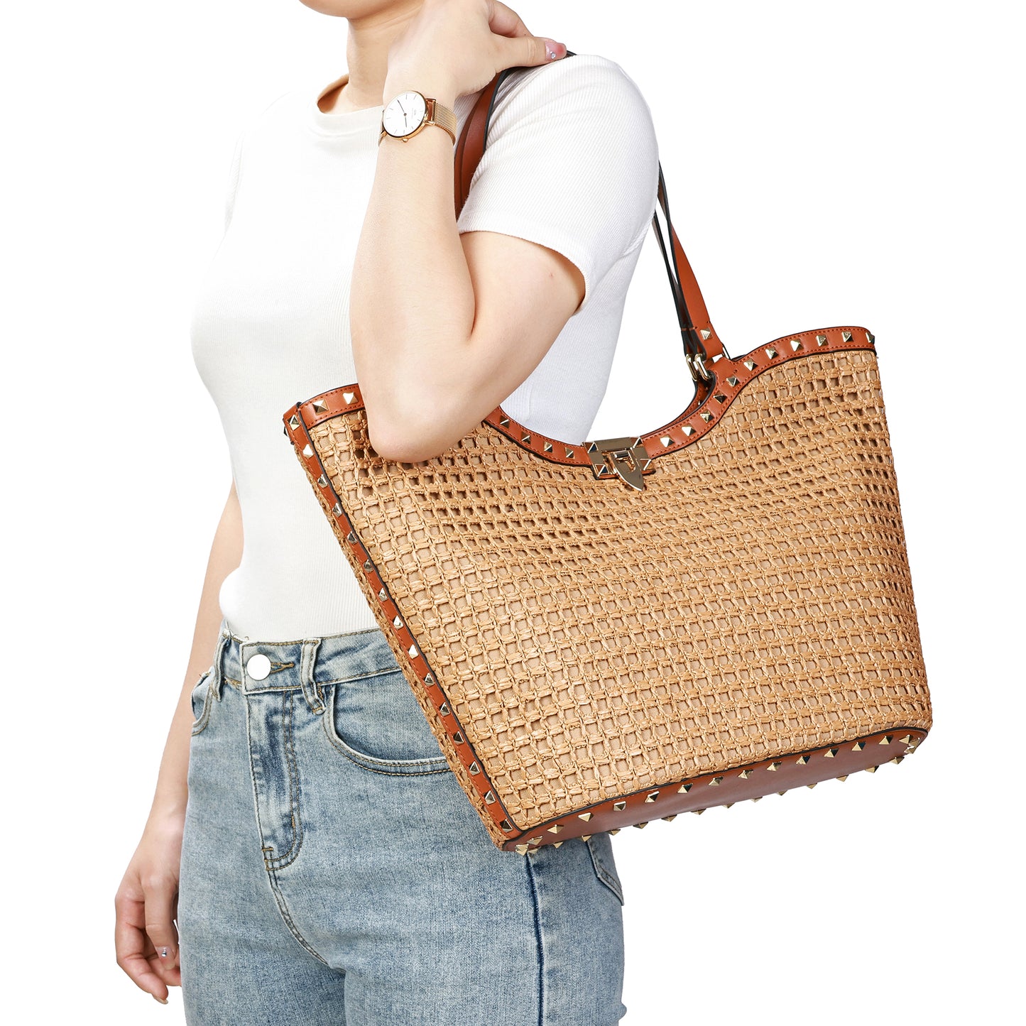 Raffia & Leather Large Tote Bag