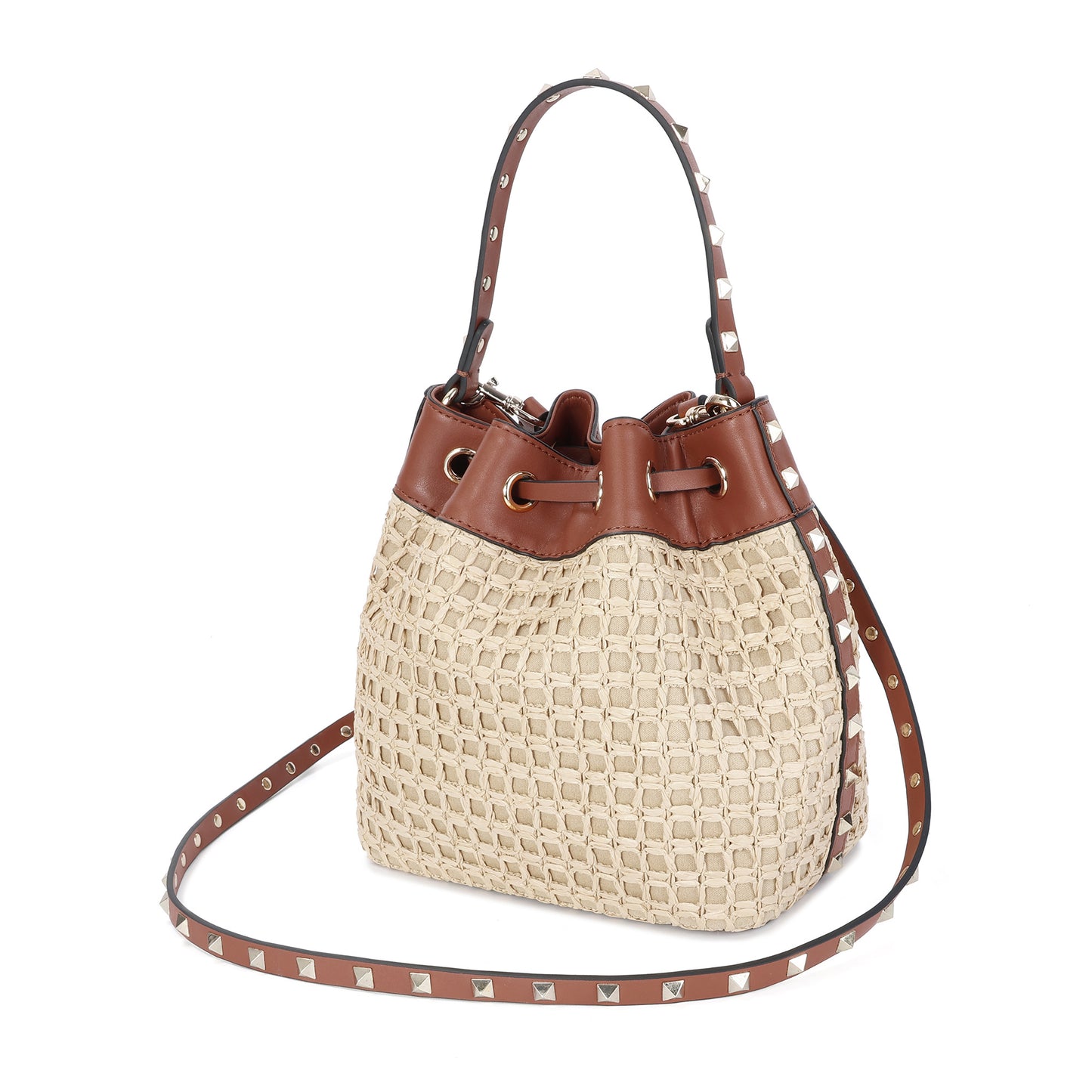 Studded Woven Raffia & Leather Bucket Bag