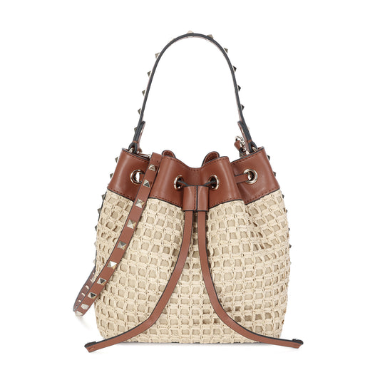 Studded Woven Raffia & Leather Bucket Bag