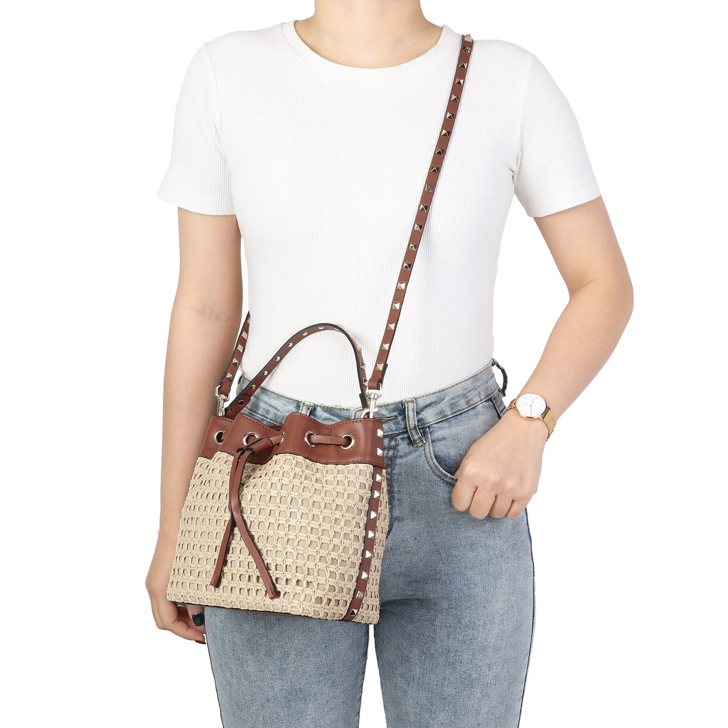 Studded Woven Raffia & Leather Bucket Bag