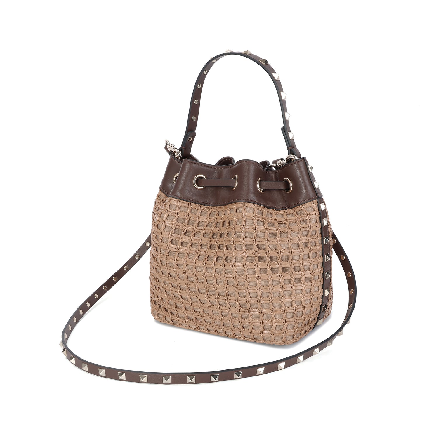 Studded Woven Raffia & Leather Bucket Bag