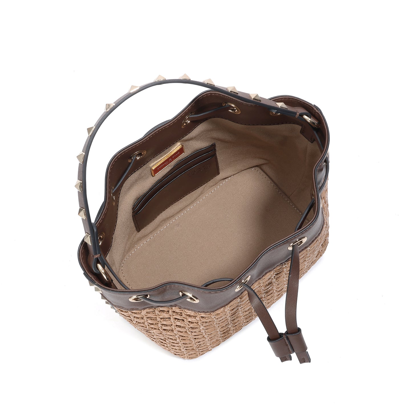 Studded Woven Raffia & Leather Bucket Bag