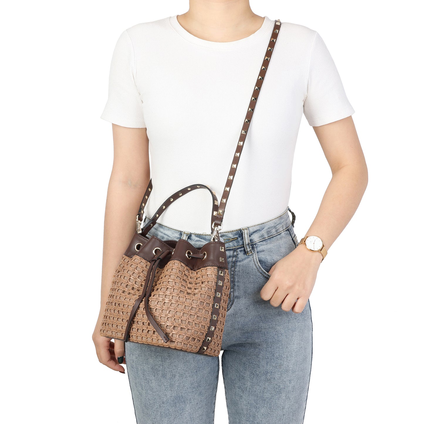 Studded Woven Raffia & Leather Bucket Bag