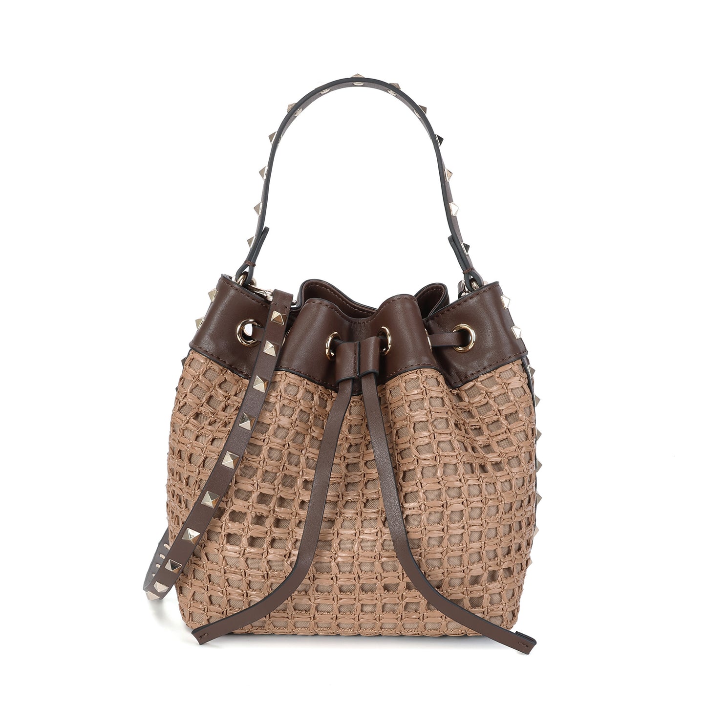 Studded Woven Raffia & Leather Bucket Bag