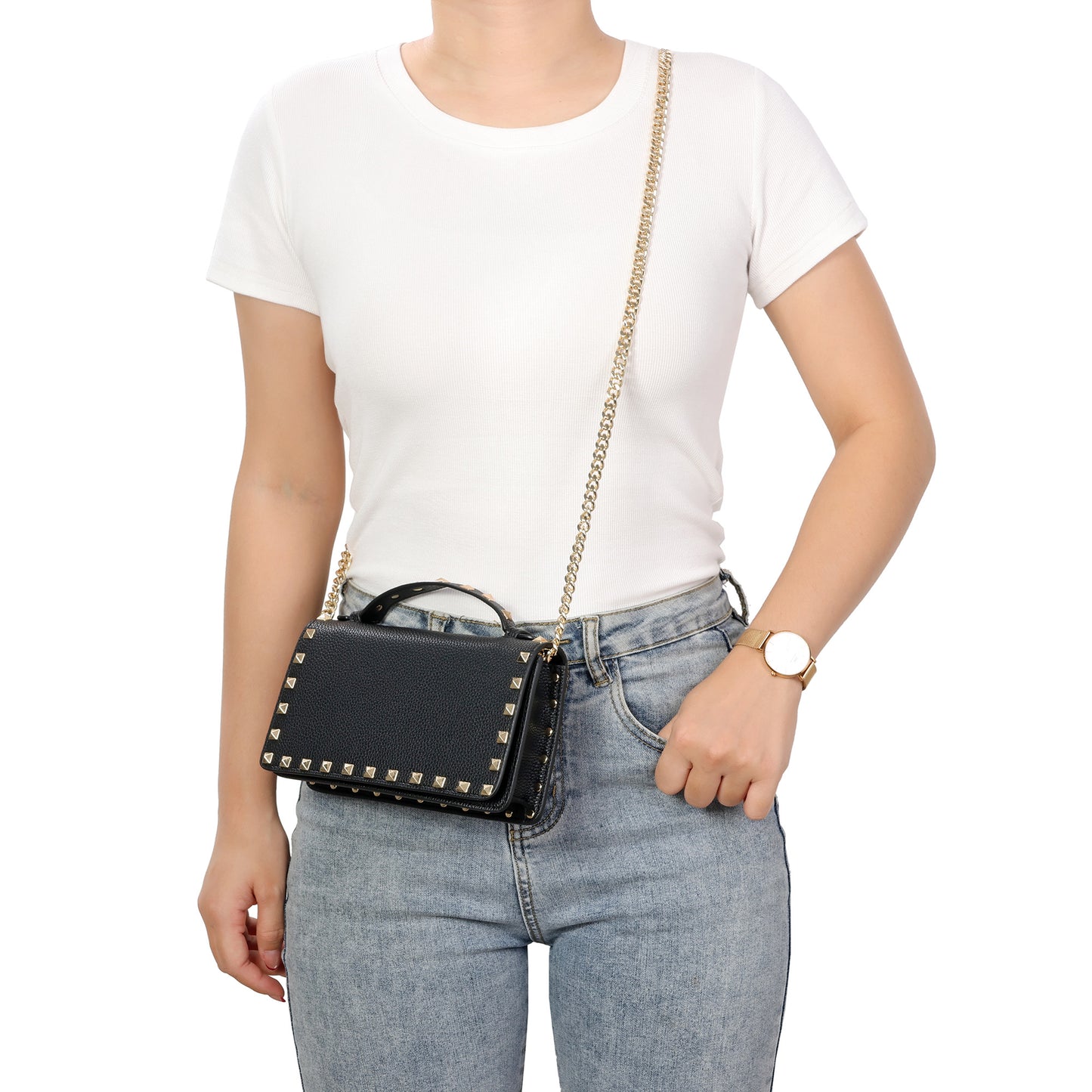 Pebbled Leather Mini Crossbody Bag with Stud Trim