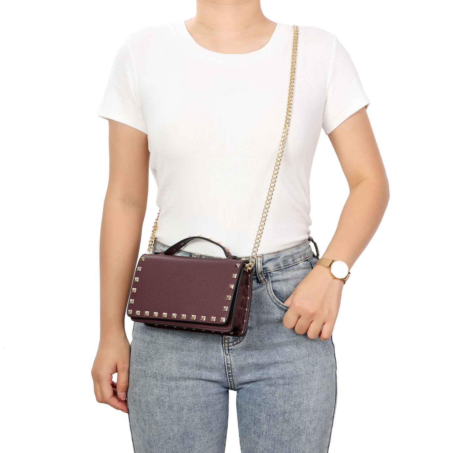 Pebbled Leather Mini Crossbody Bag with Stud Trim