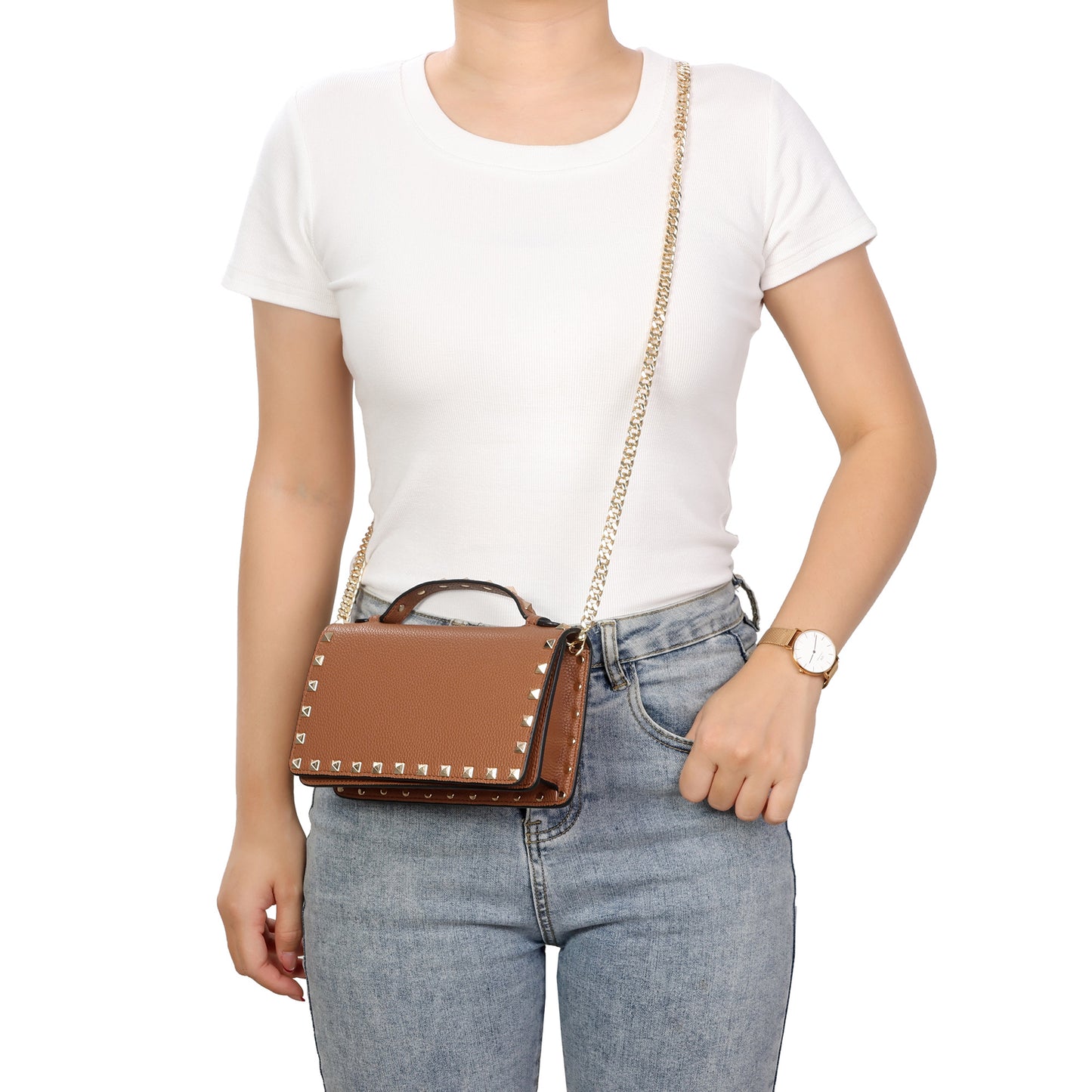 Pebbled Leather Mini Crossbody Bag with Stud Trim