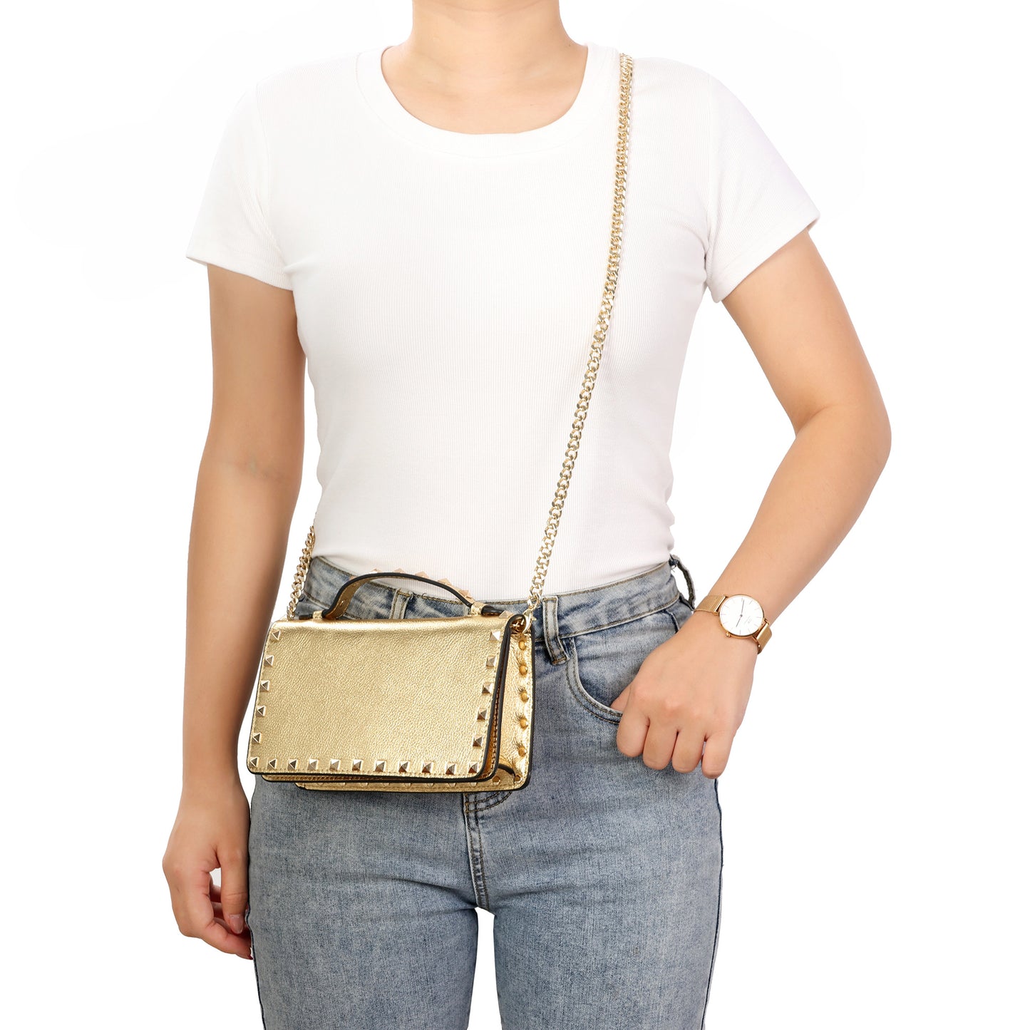 Pebbled Leather Mini Crossbody Bag with Stud Trim