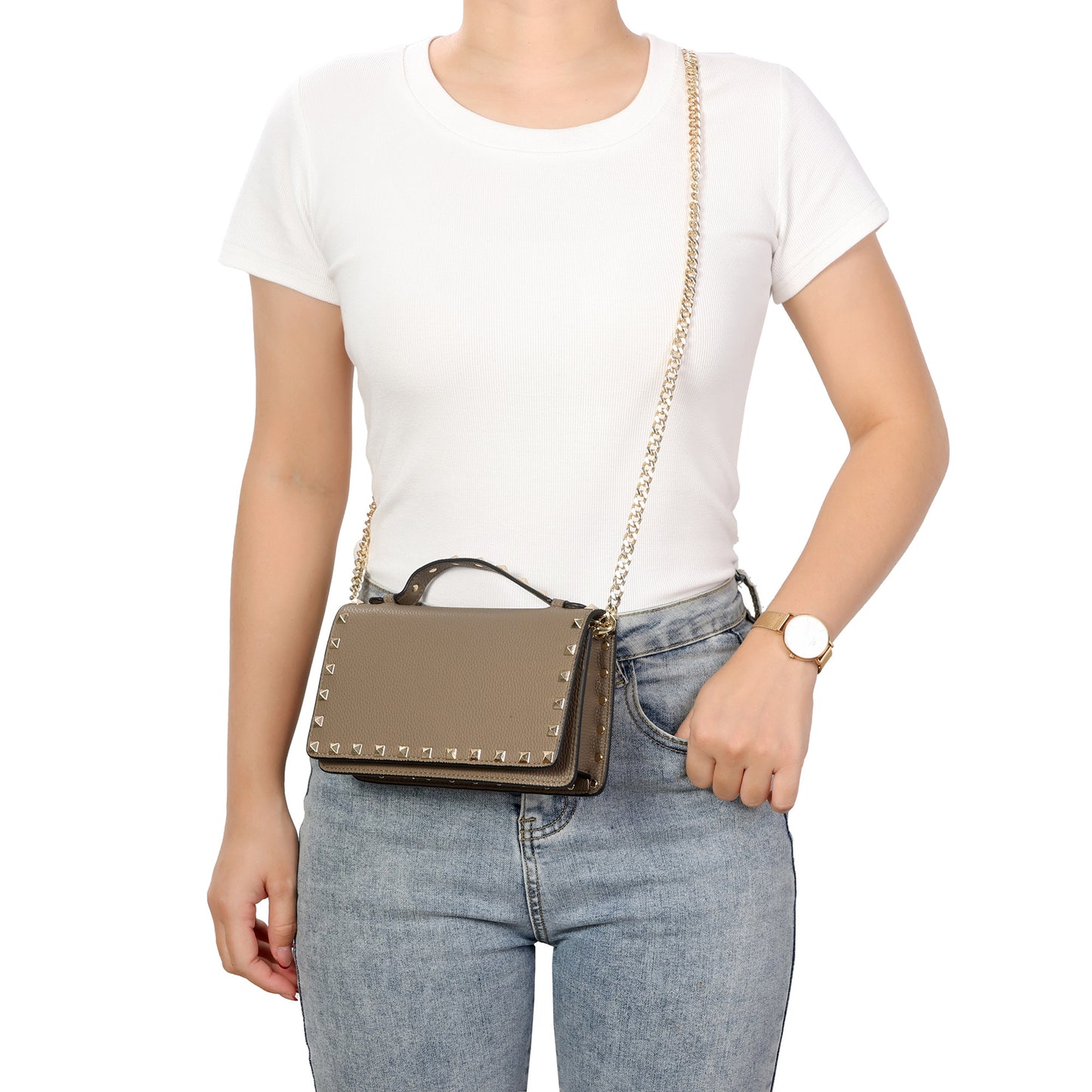 Pebbled Leather Mini Crossbody Bag with Stud Trim